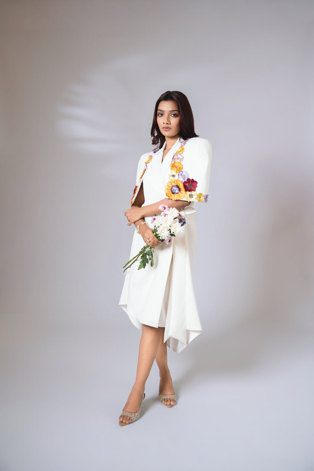 White embellished floral wrap around dress