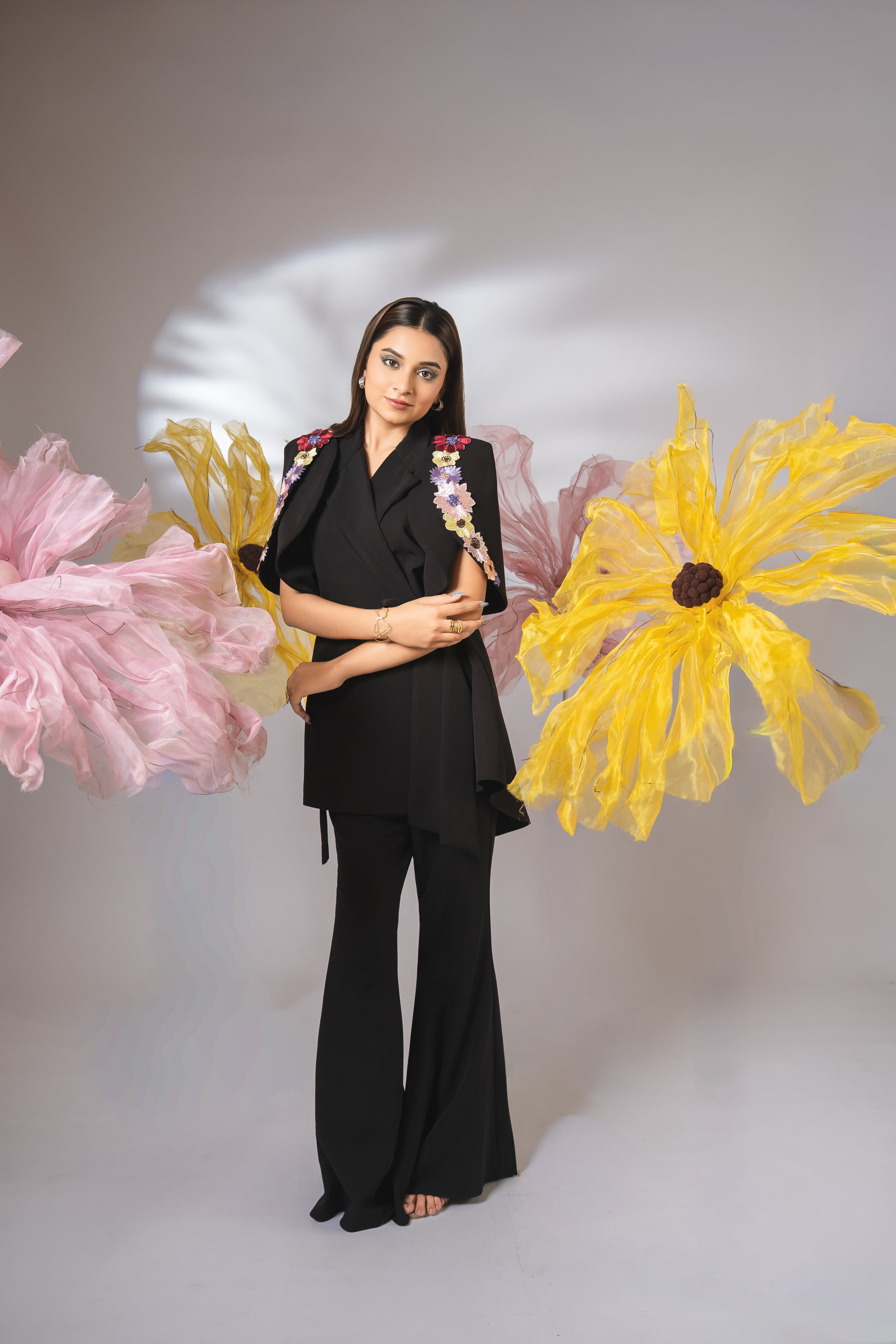 Black embellished floral wrap around co-ord set