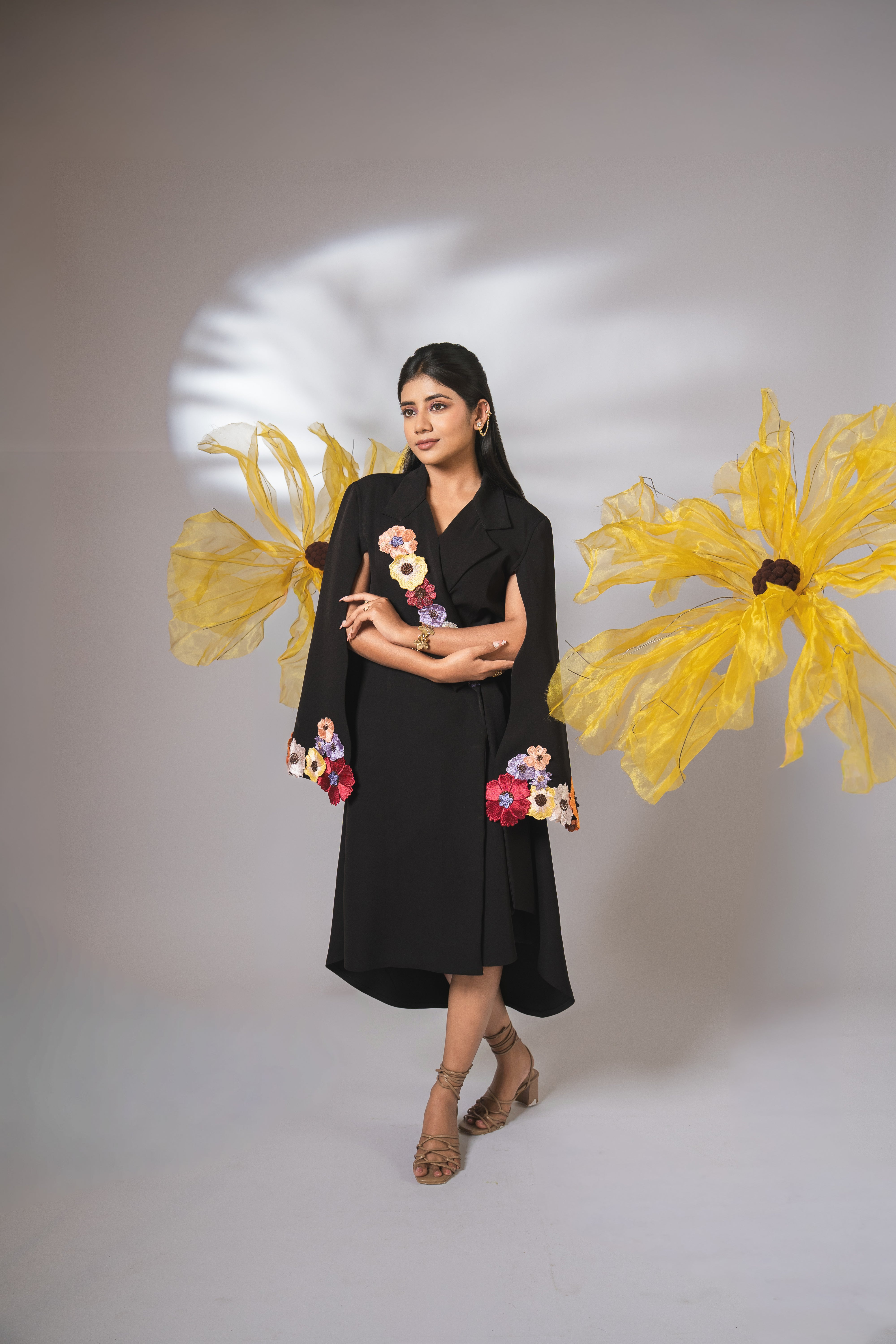 Black embellished floral wrap around dress