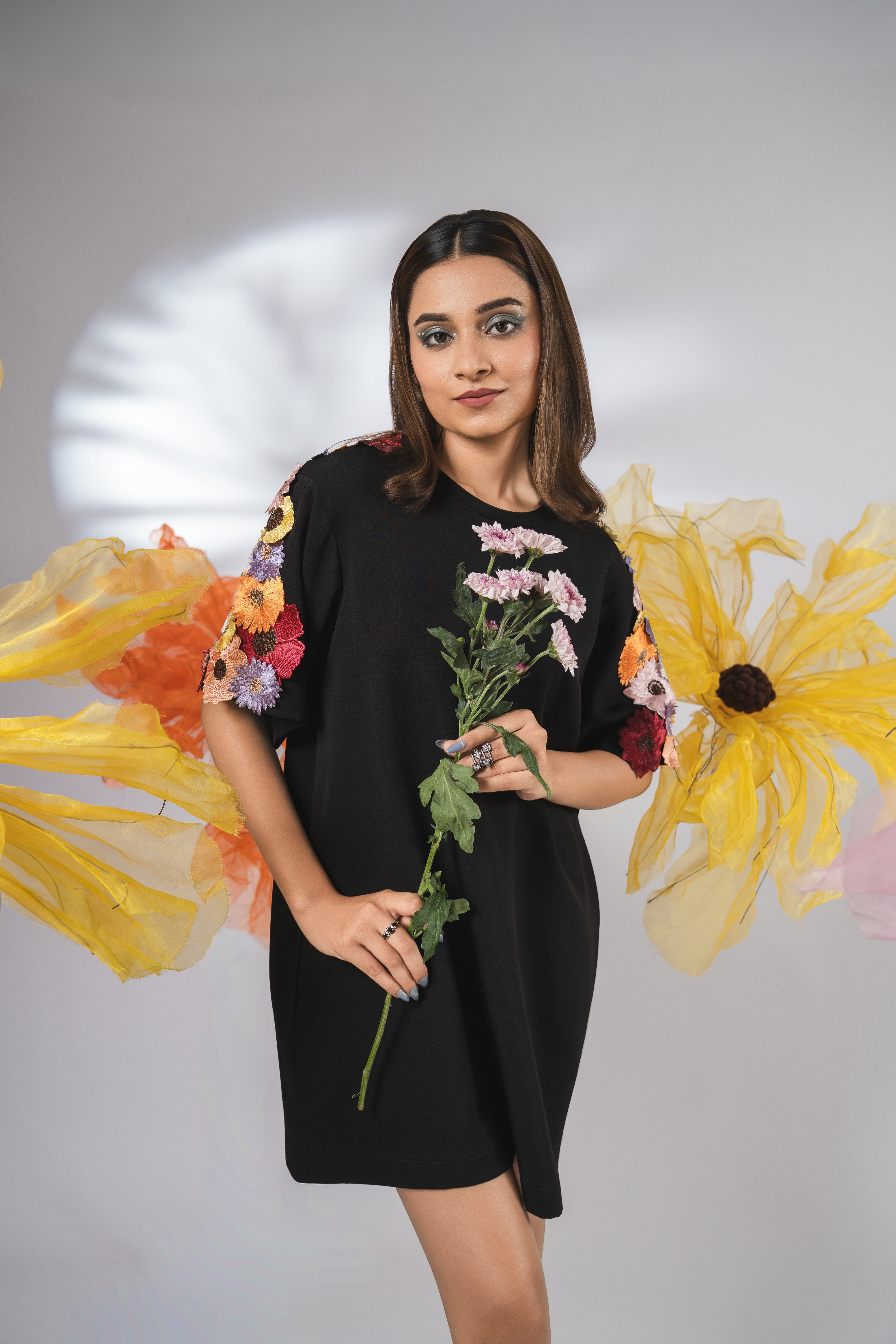 Black embellished floral t-shirt dress