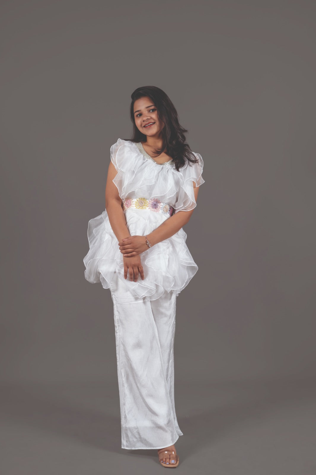 White rufffle co-ord