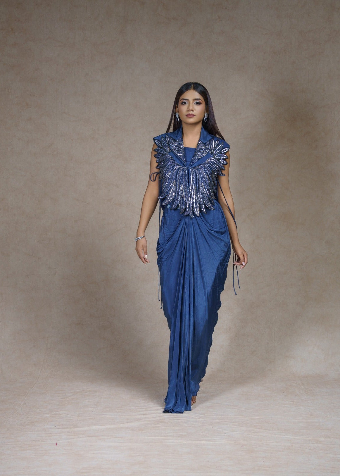 Blue embroidered jacket with drape skirt set
