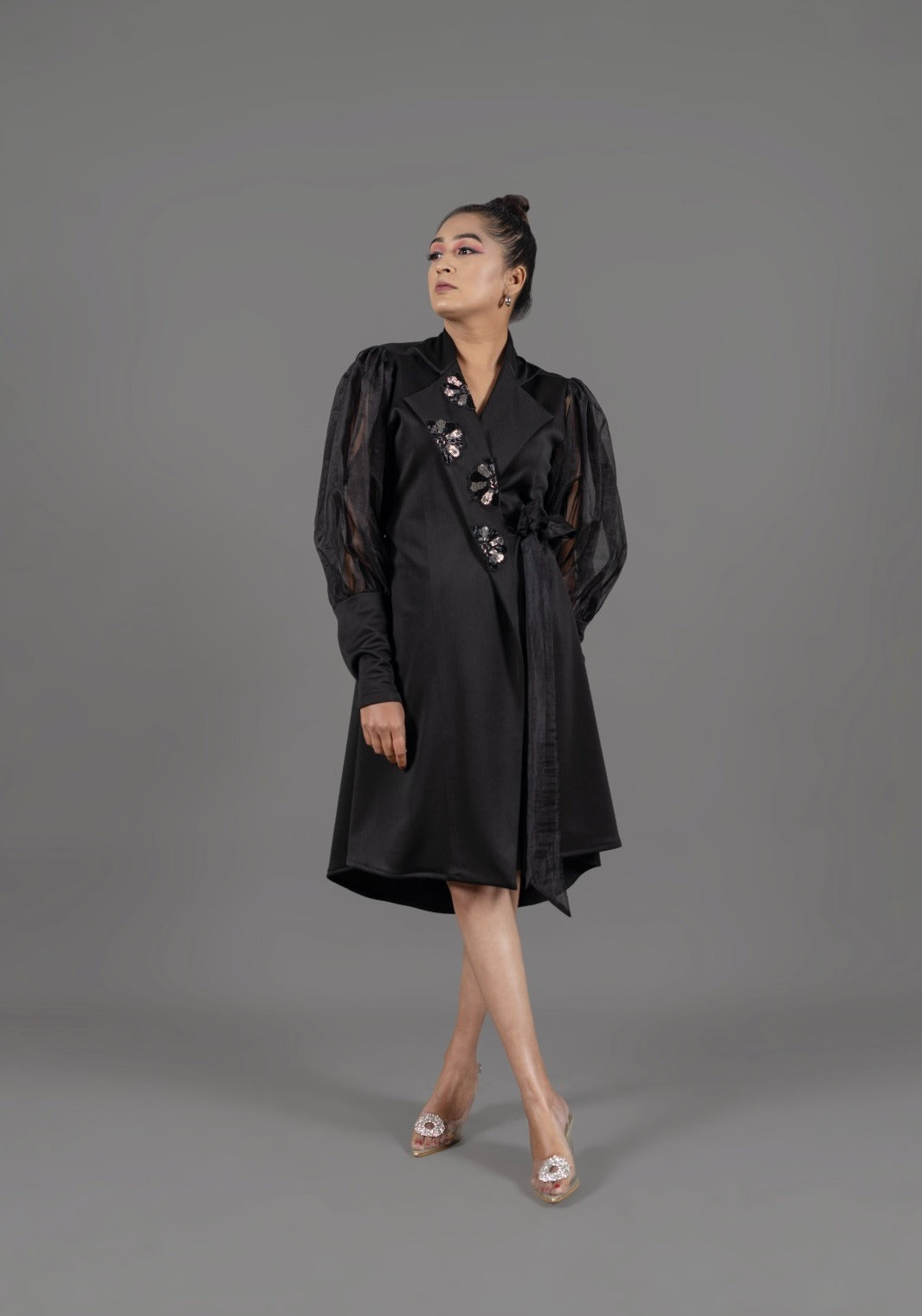 Black embroidered wrap around dress