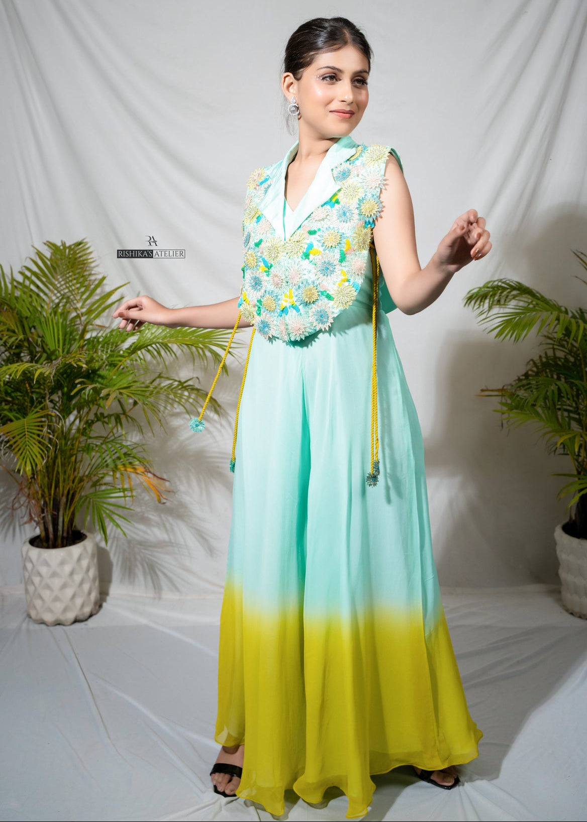 Lemon yellow ombre jumpsuit with jacket set