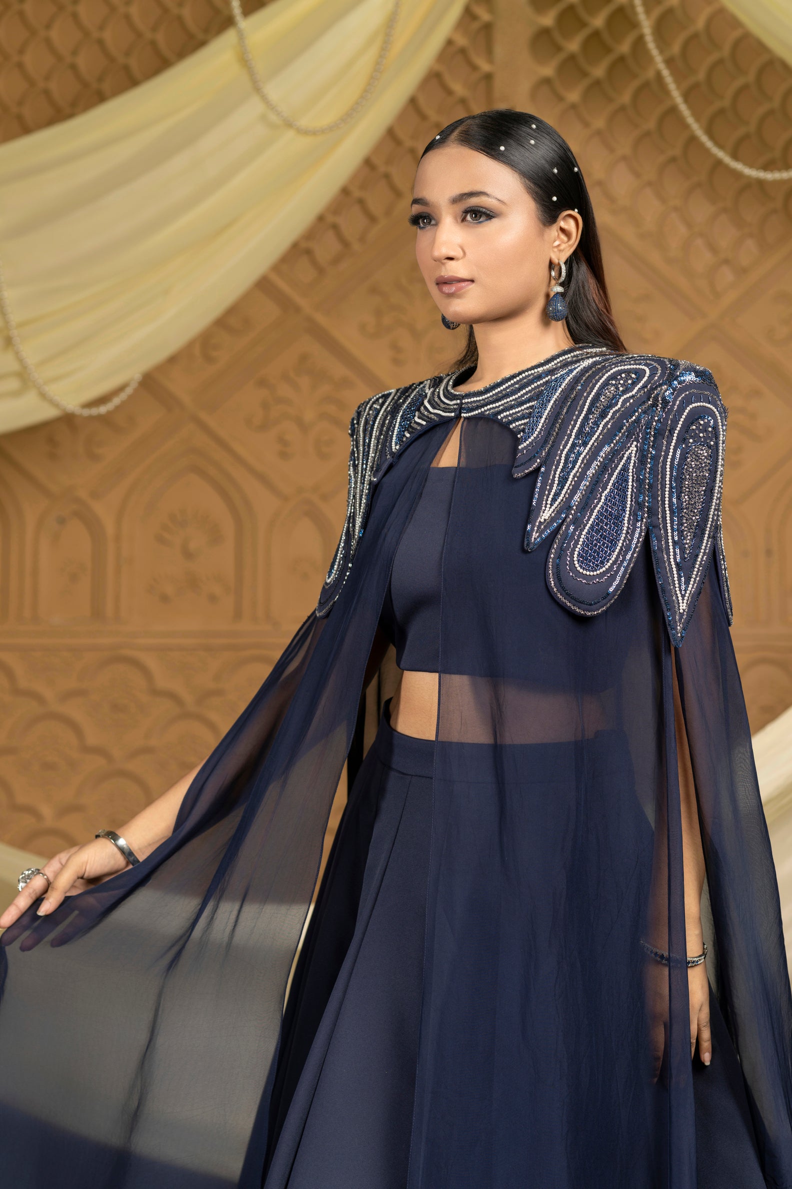 Embroidered abstract cape with skirt set