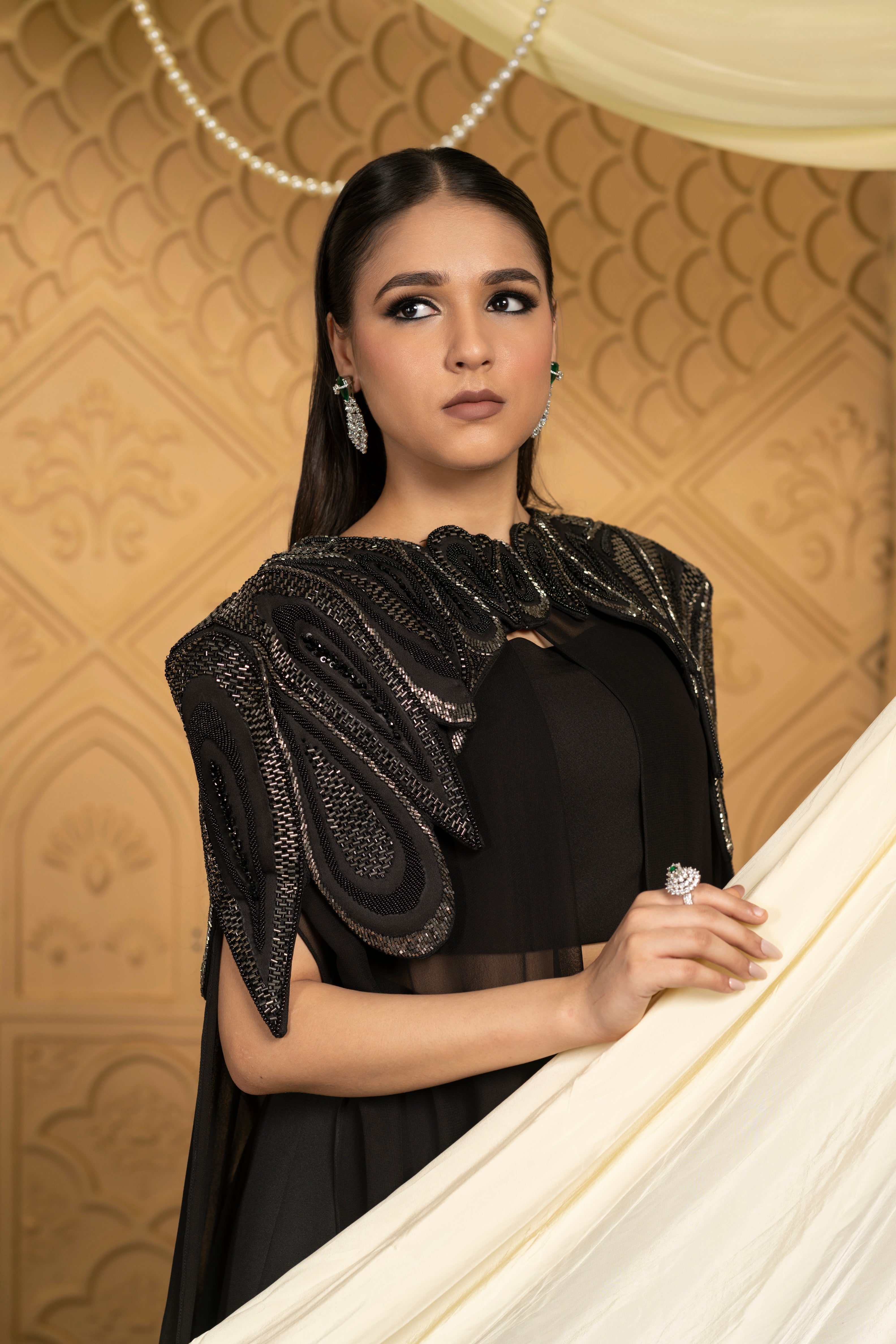Embroidered abstract cape with skirt set