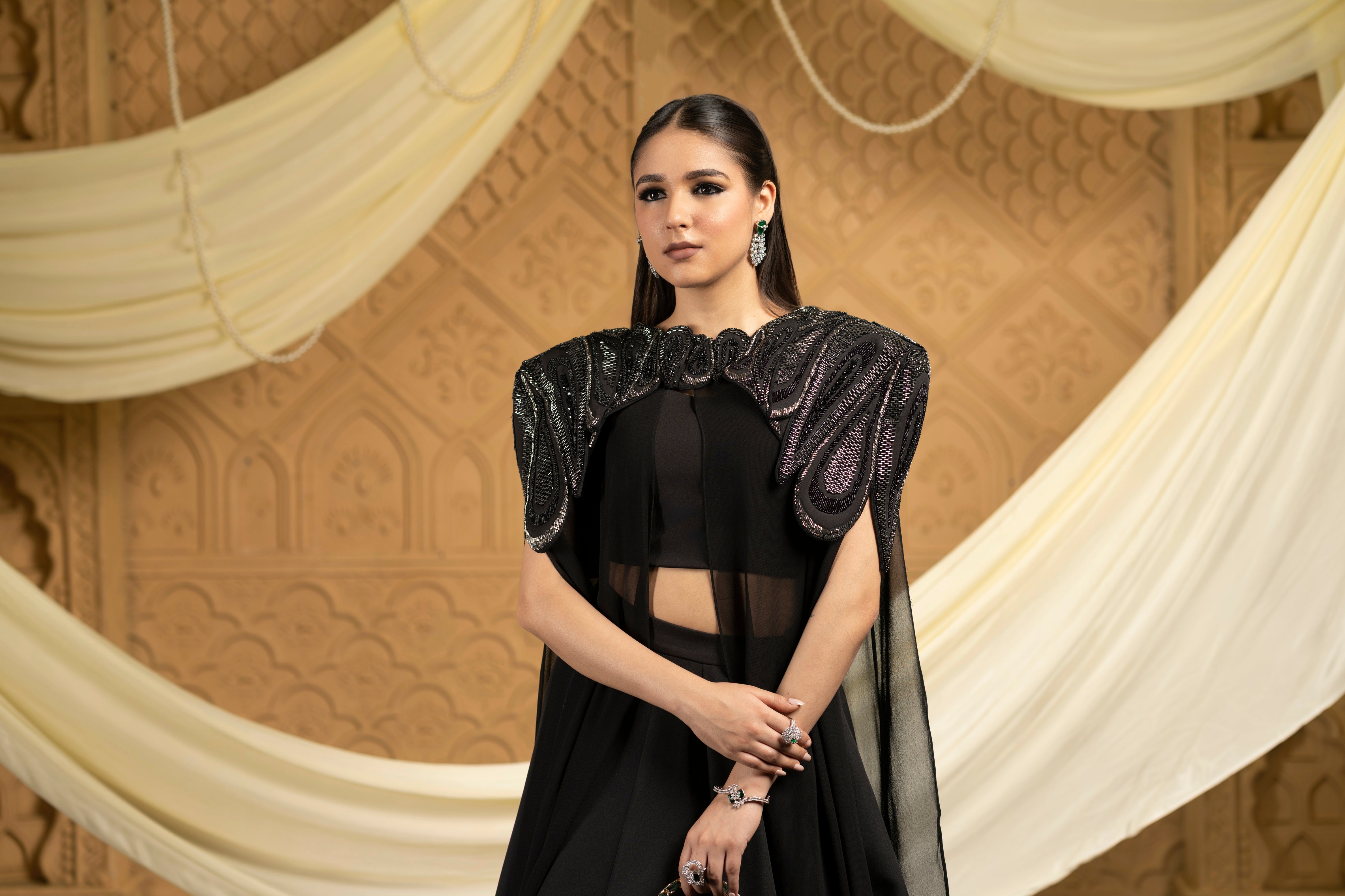 Embroidered abstract cape with skirt set