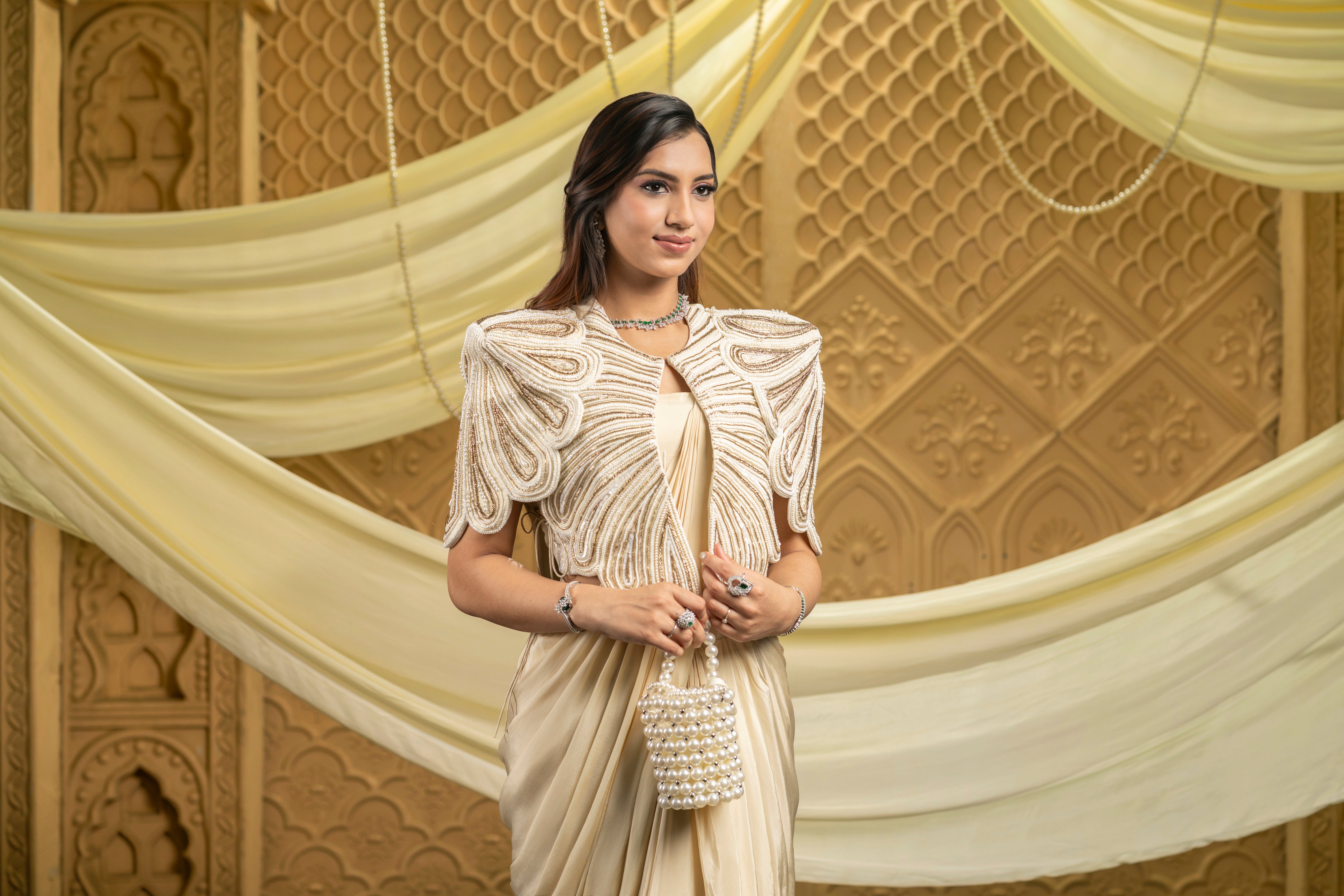 Ivory Drape Saree Set with Jacket