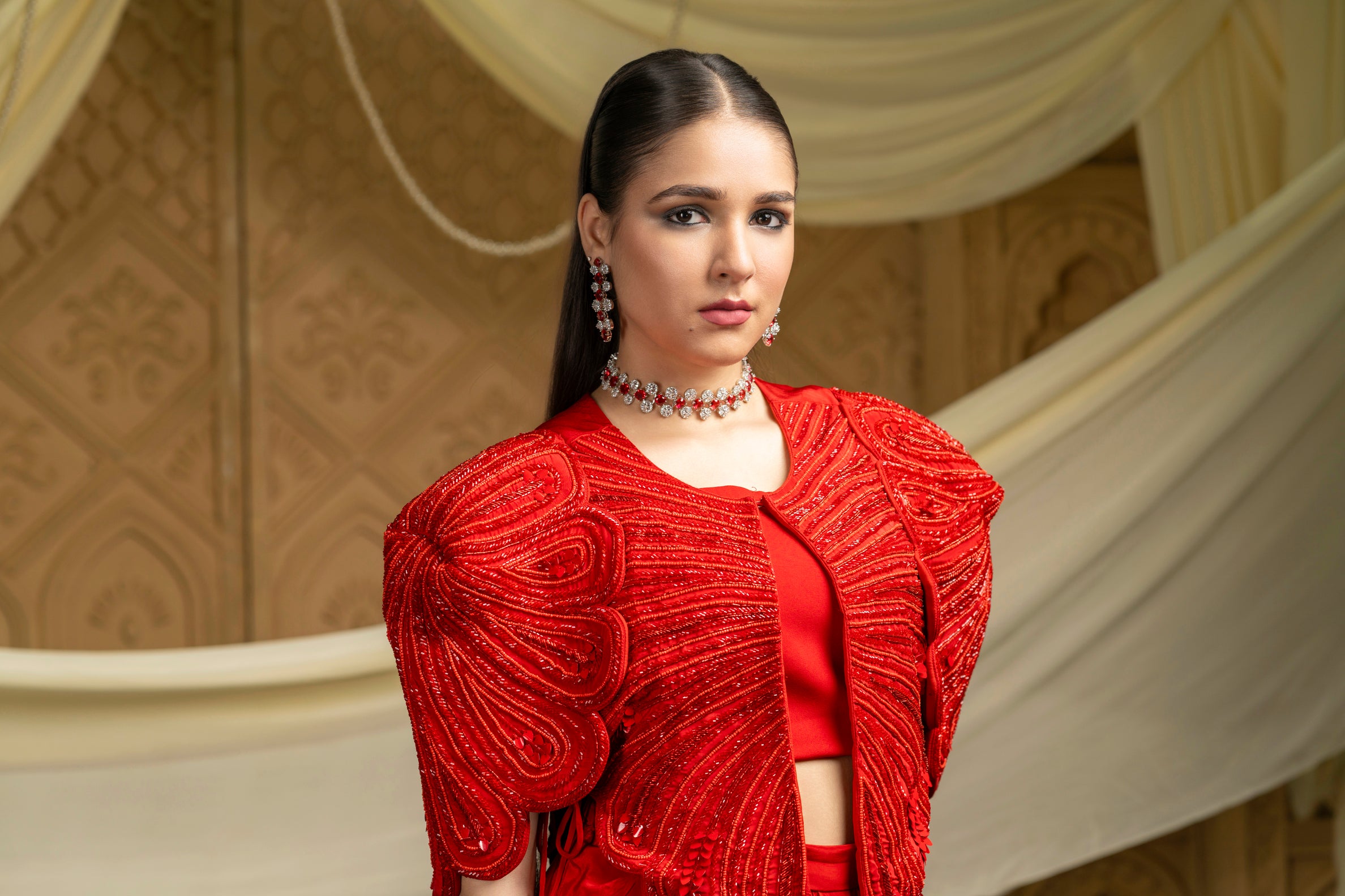 Red regalia embroidered jacket with drape skirt set