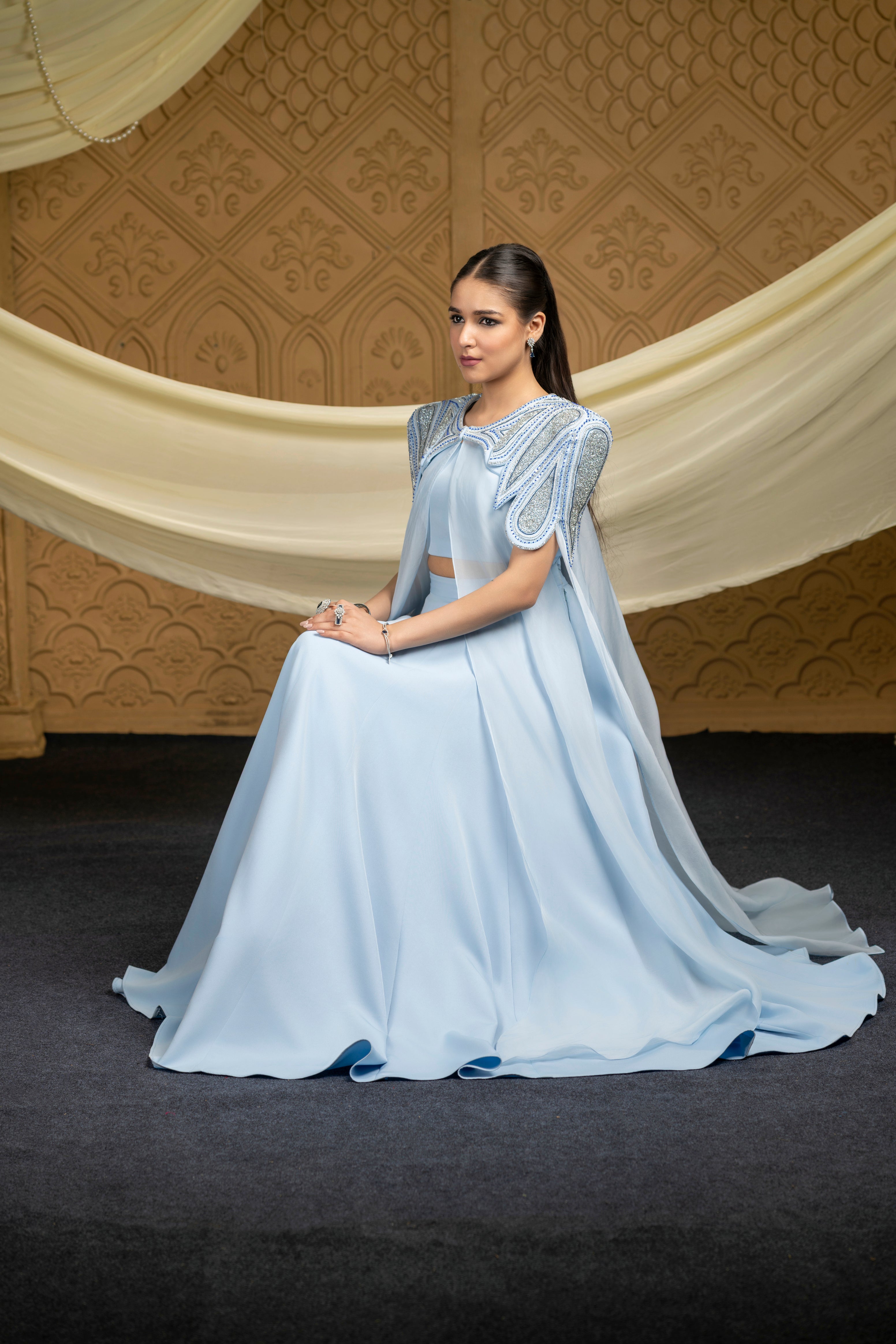 Embroidered abstract cape with skirt set