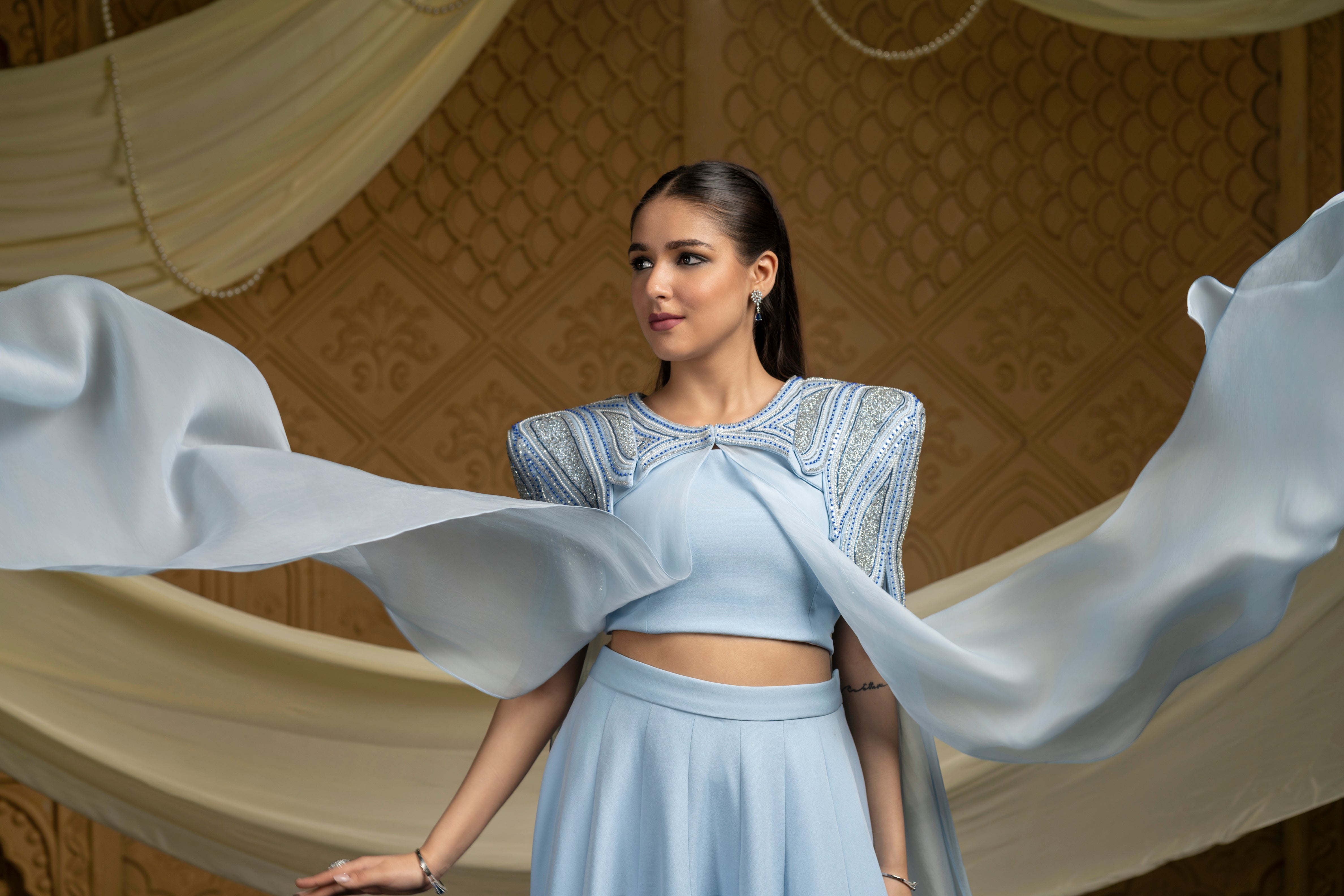 Embroidered abstract cape with skirt set