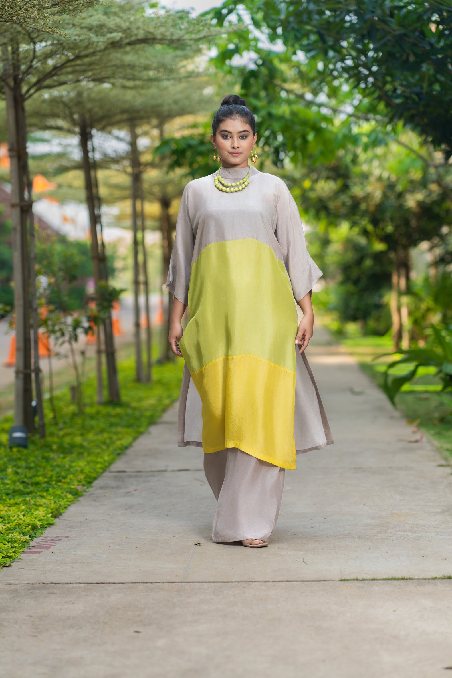 Tri color block kurti green yellow