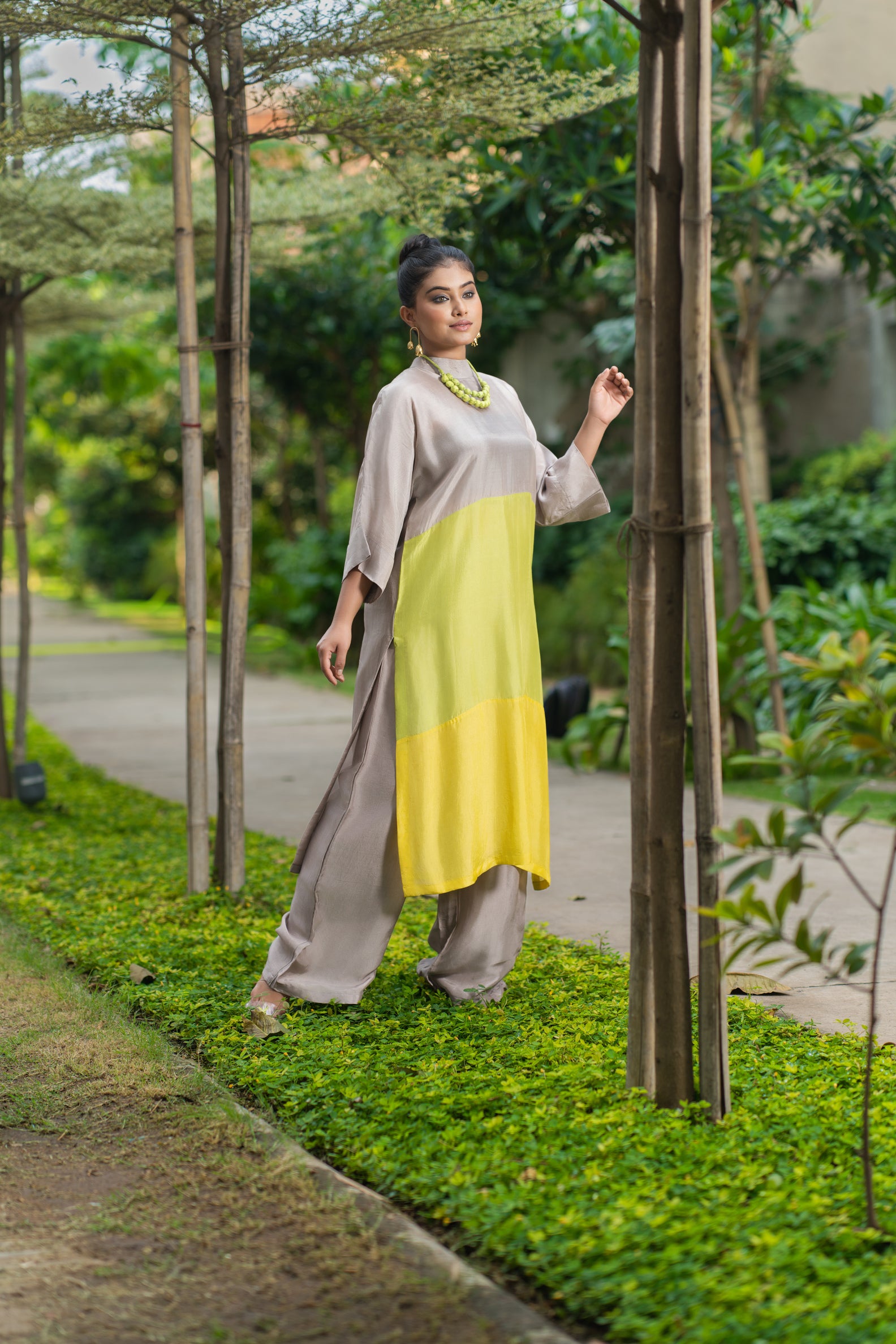 Tri color block kurti green yellow