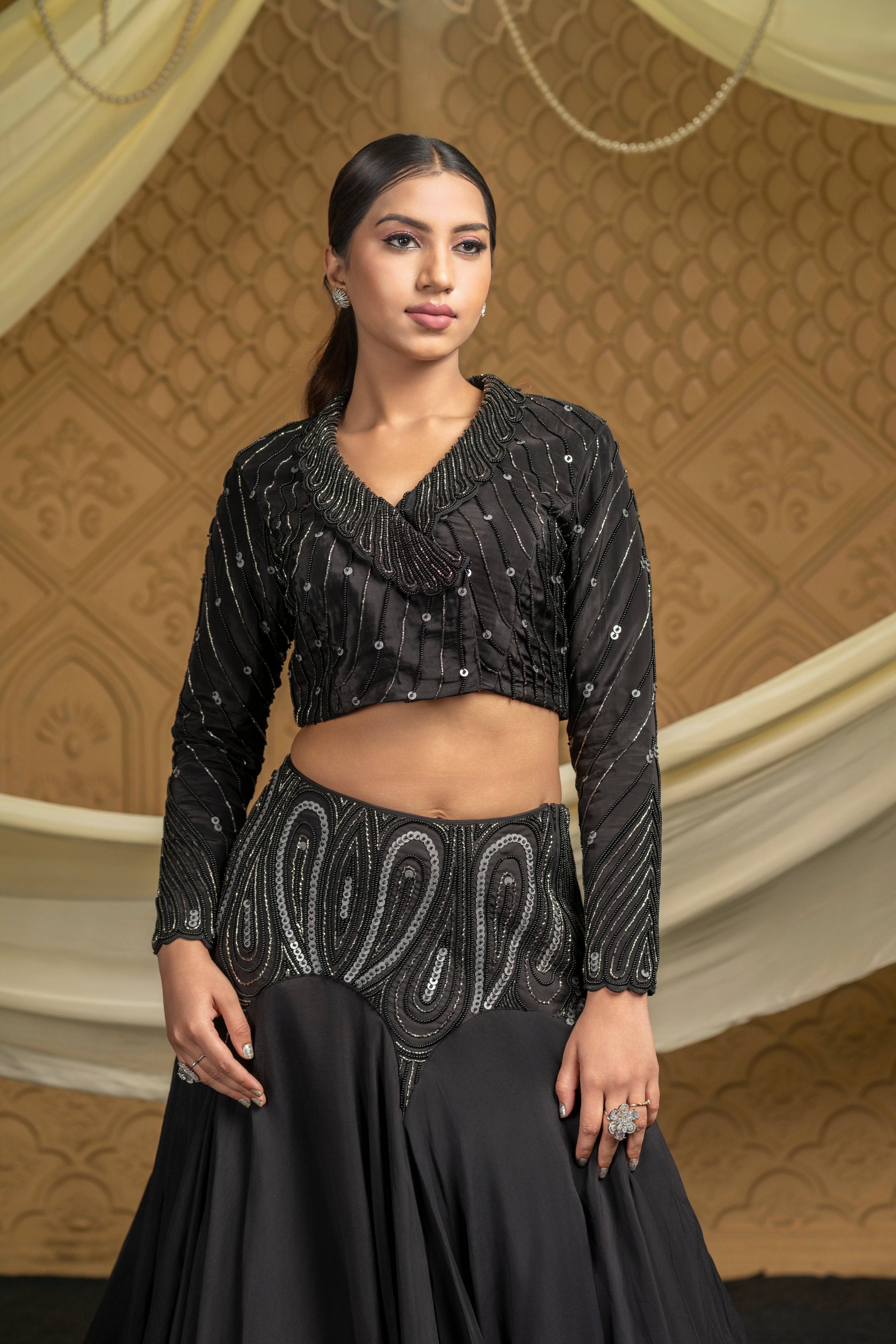 Black crepe silk beaded jacket style lehenga