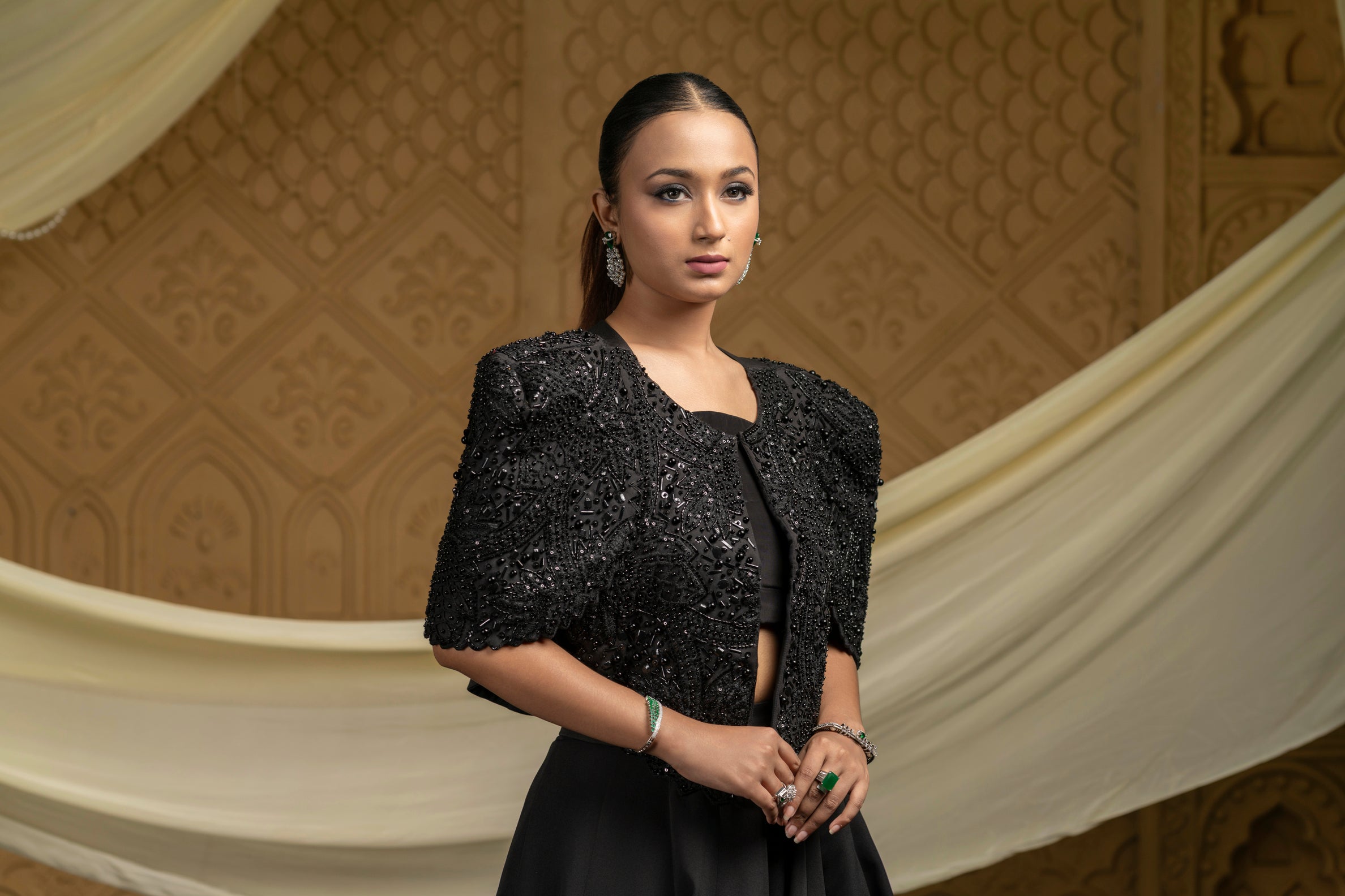 Black embroidered jacket with skirt set