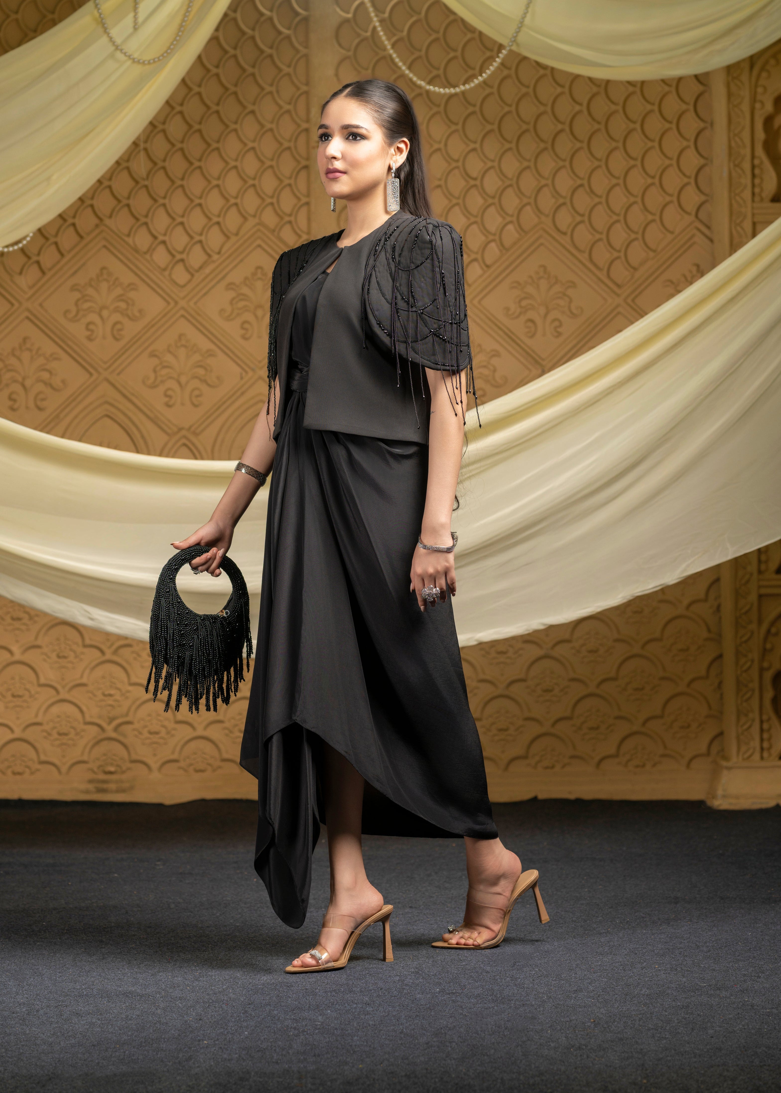 Dazzle embroidered jacket with drape dress set
