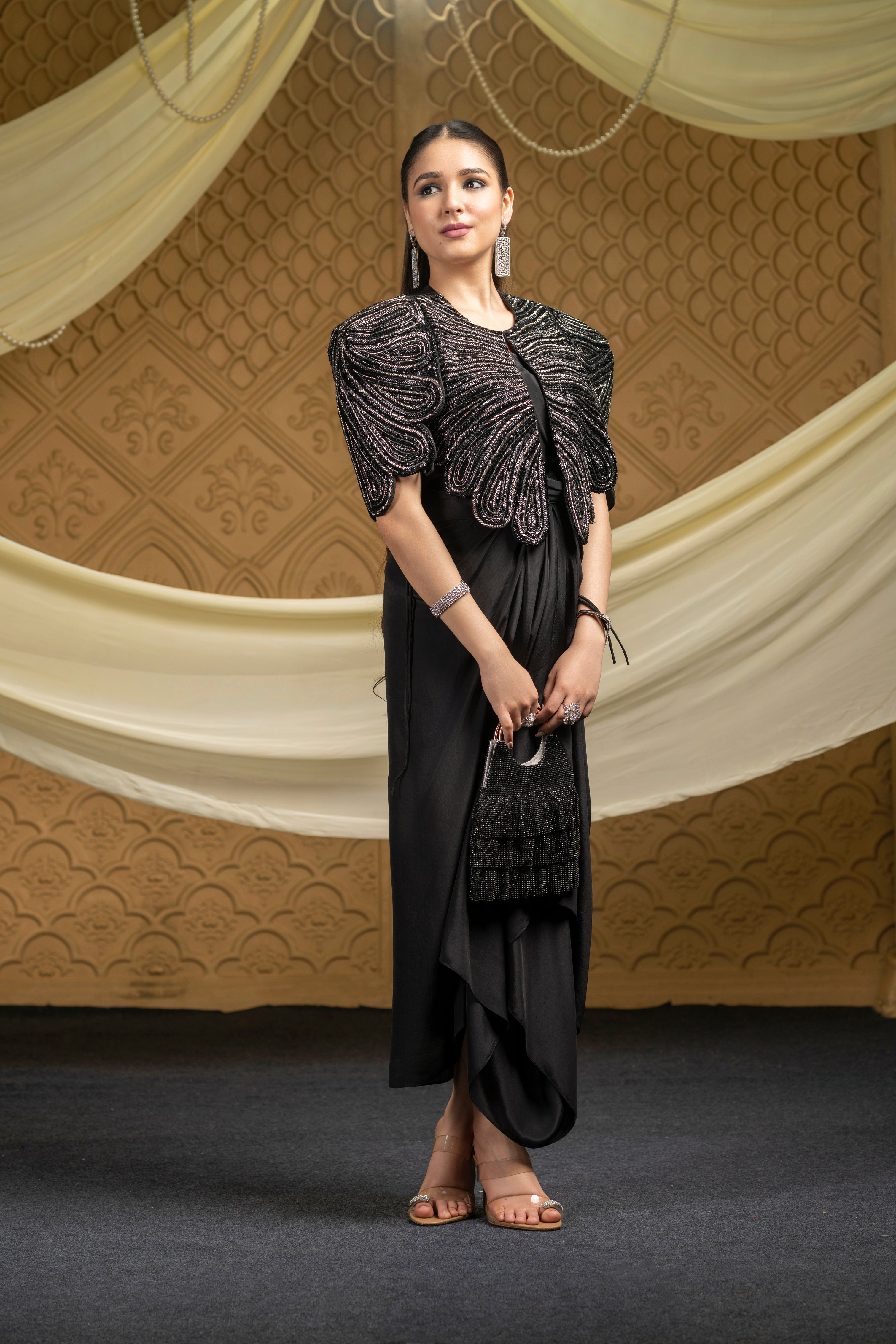 Regalia embroidered jacket with drape dress set