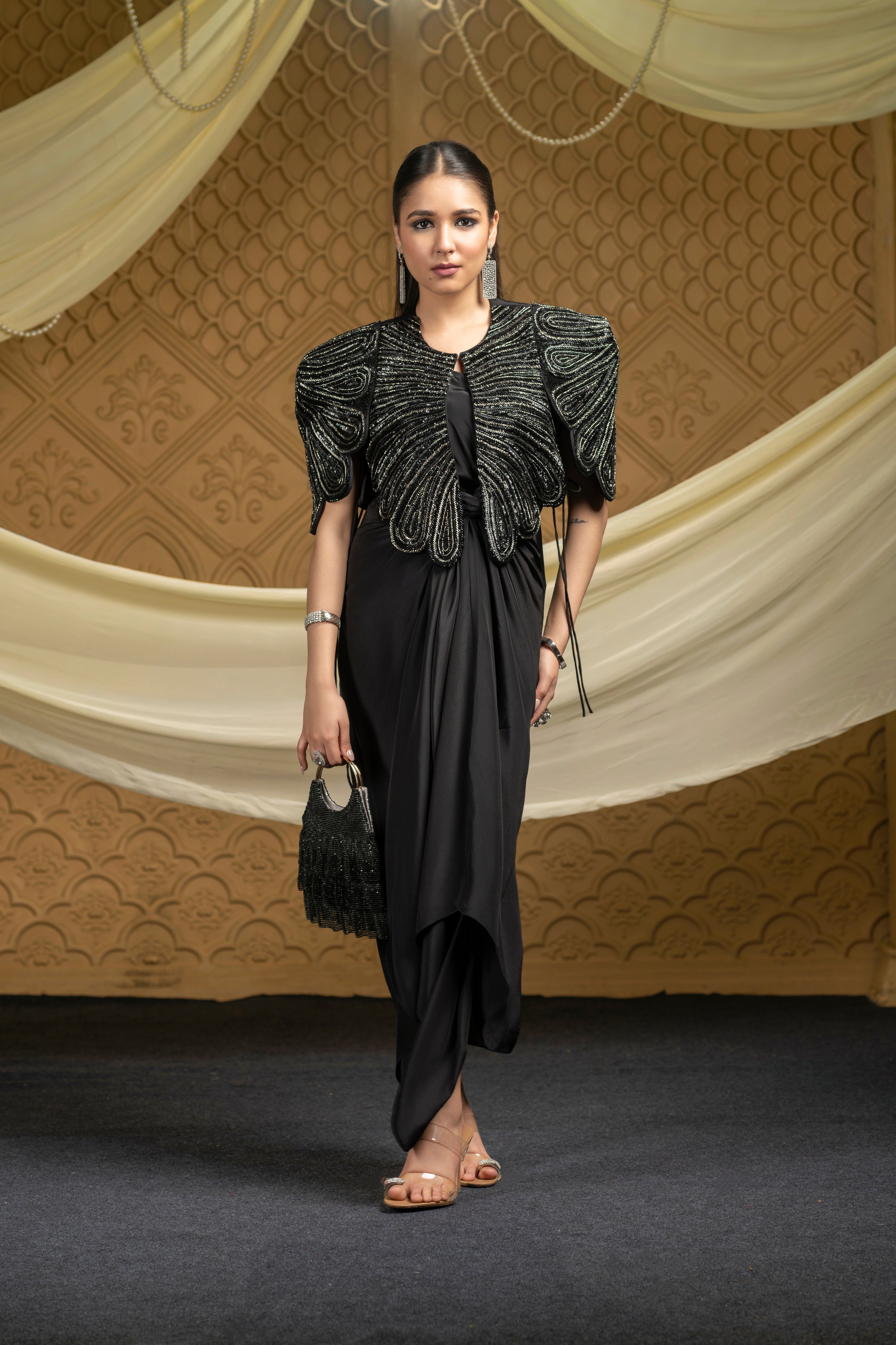 Regalia embroidered jacket with drape dress set