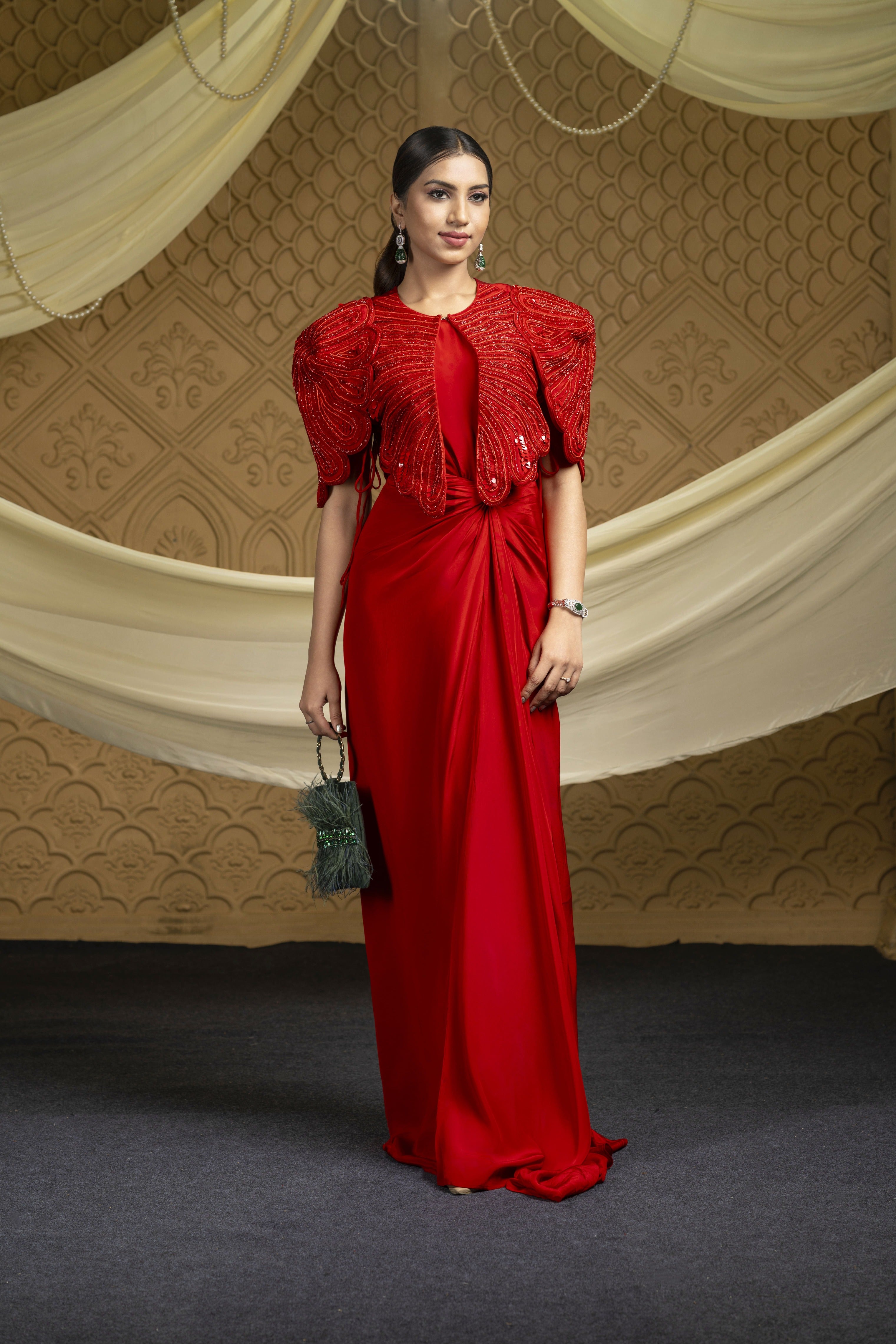 The Regalia Crimson Fusion Draped Dress Set