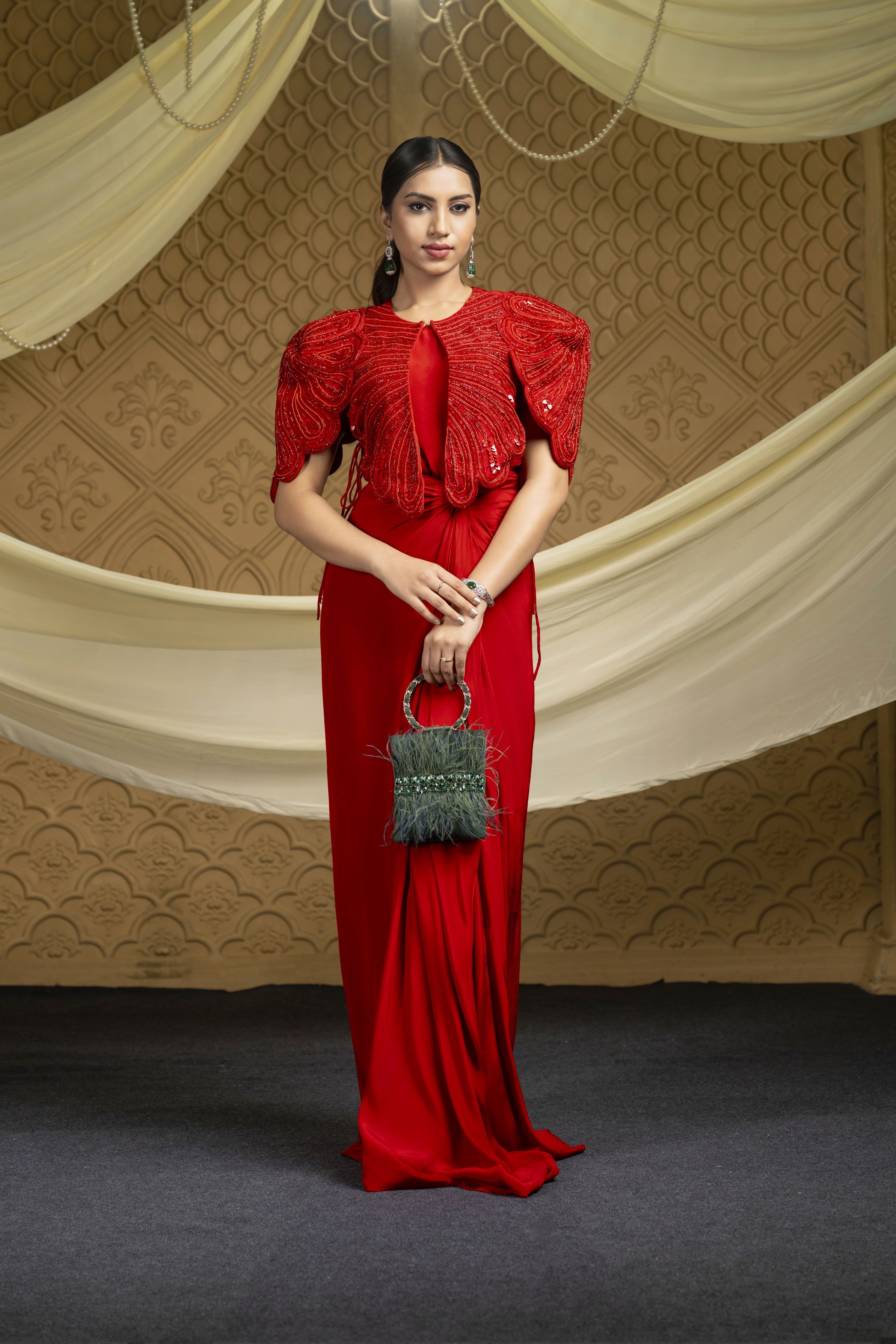 The Regalia Crimson Fusion Draped Dress Set
