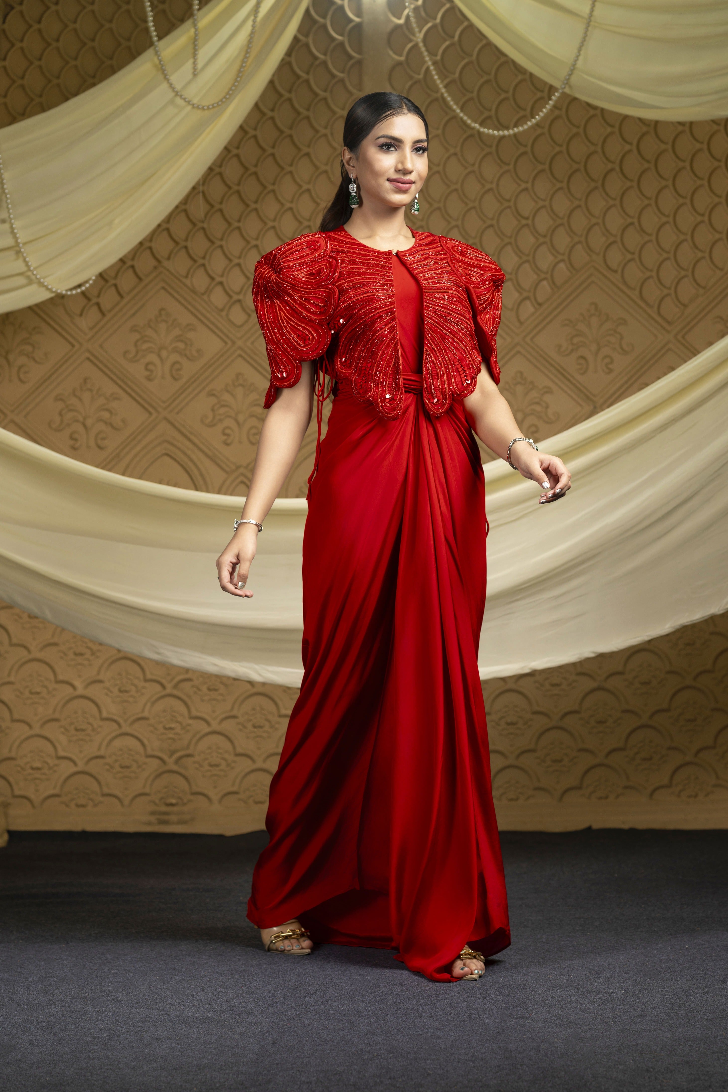 The Regalia Crimson Fusion Draped Dress Set