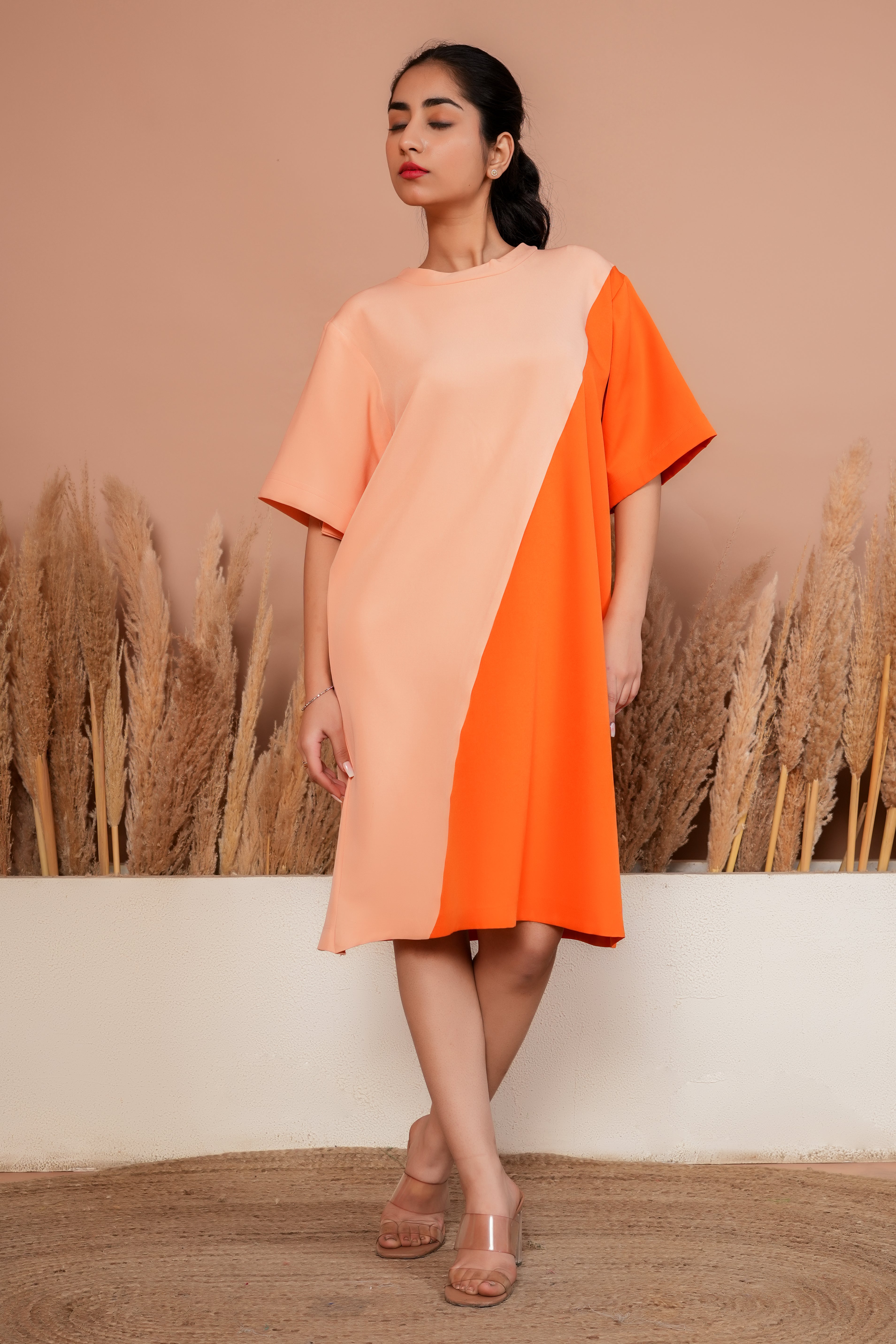 Orange color block A line dress