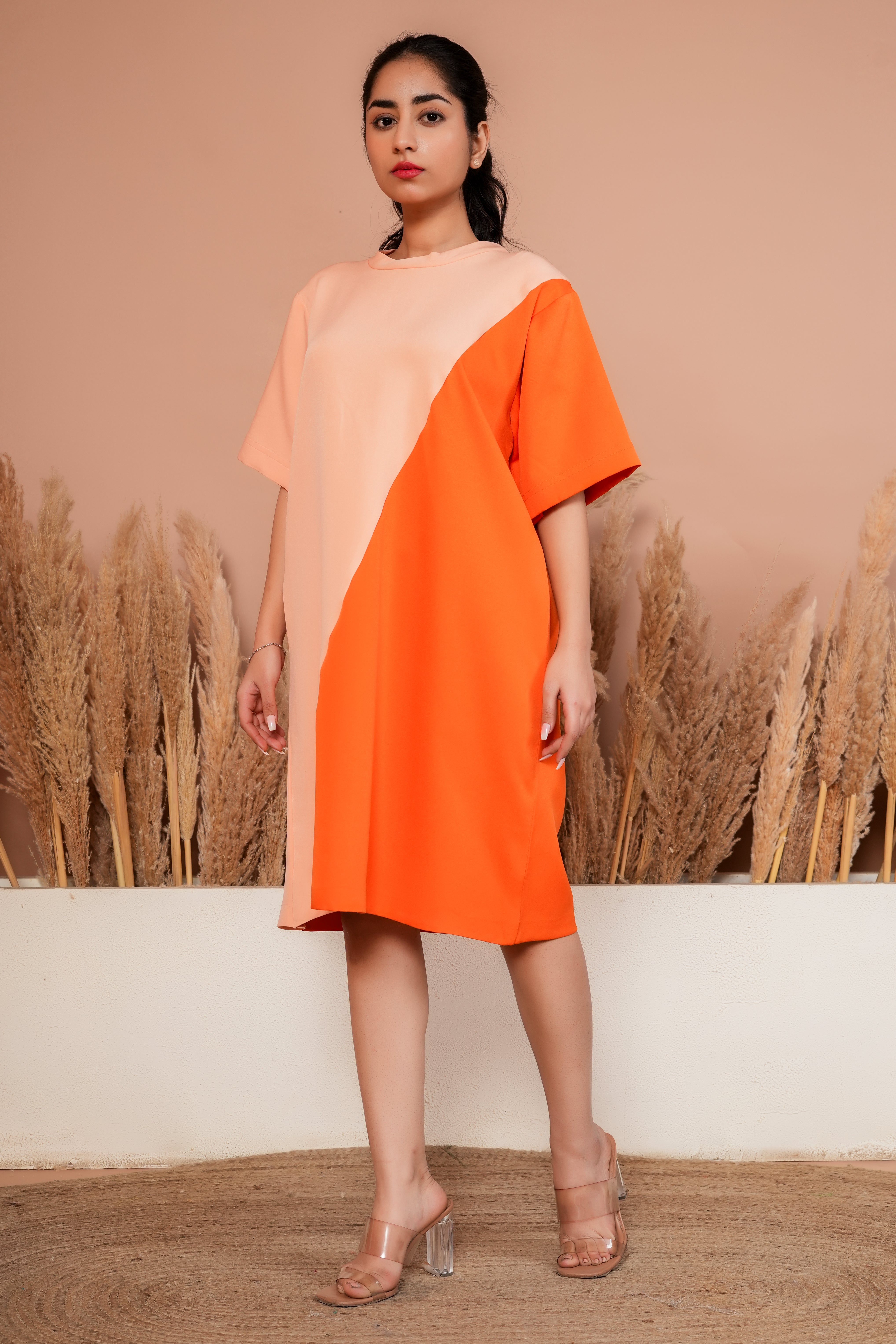 Orange color block A line dress