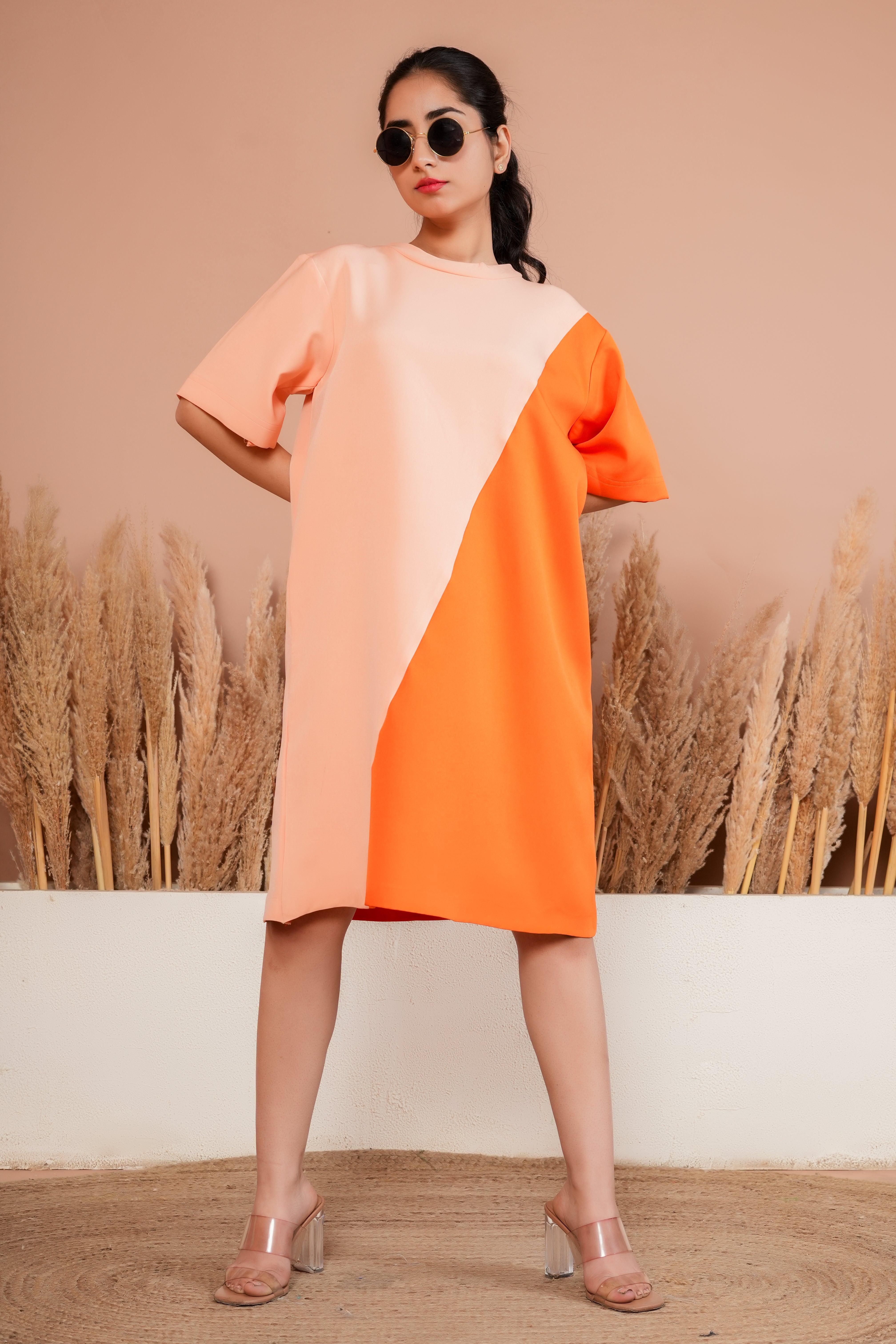 Orange color block A line dress