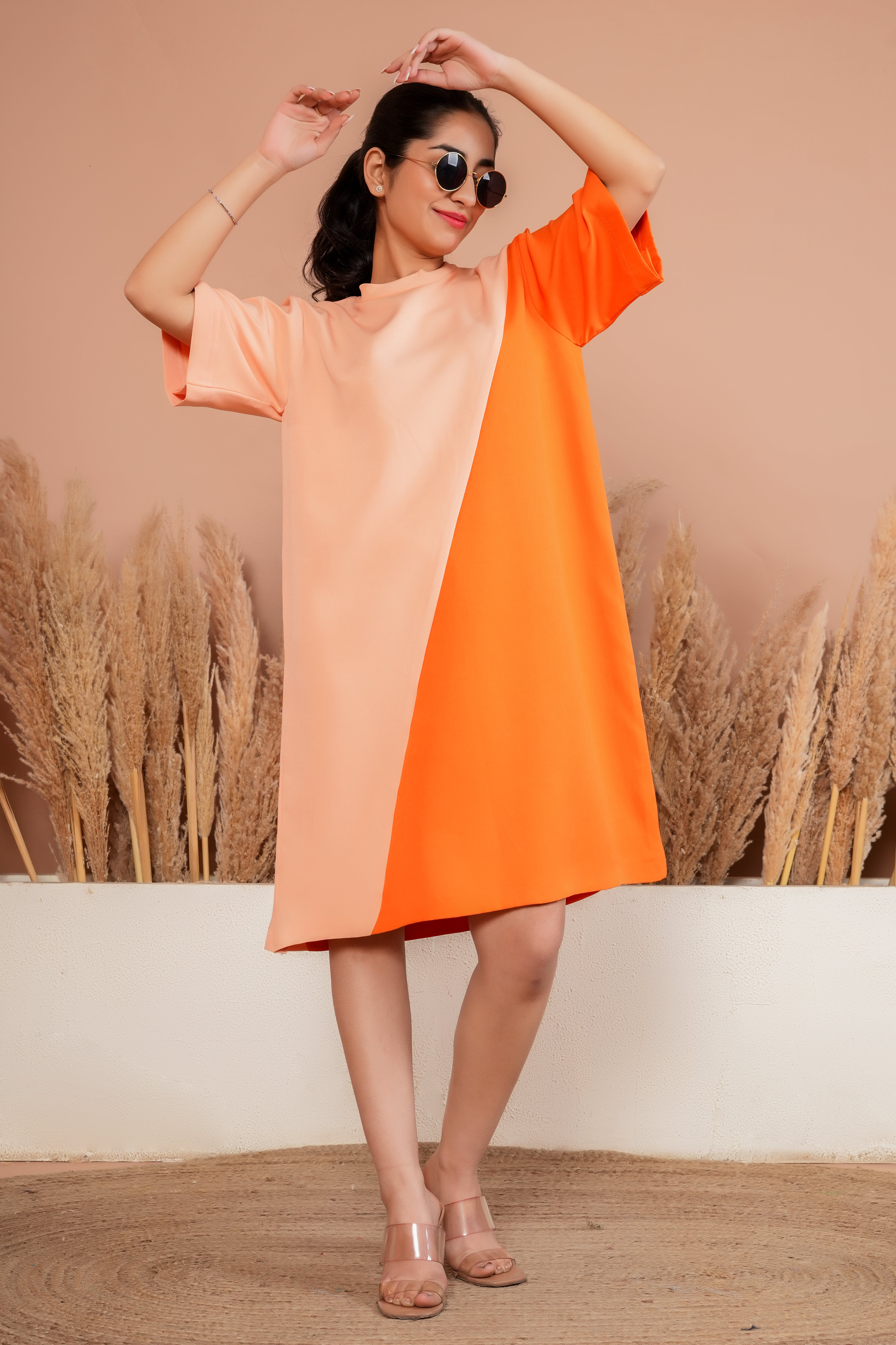 Orange color block A line dress