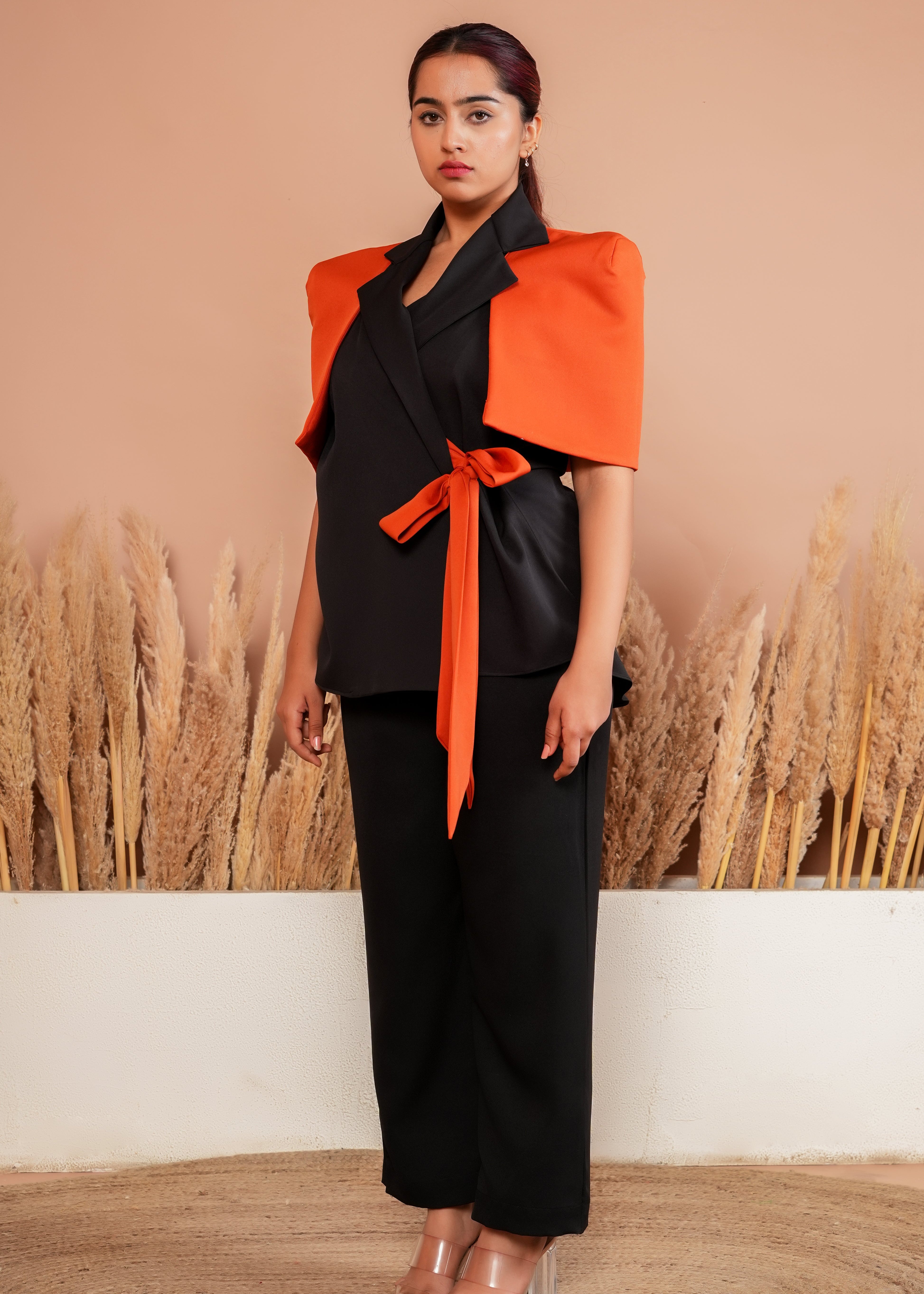 Orange Black wrap around co-ord set