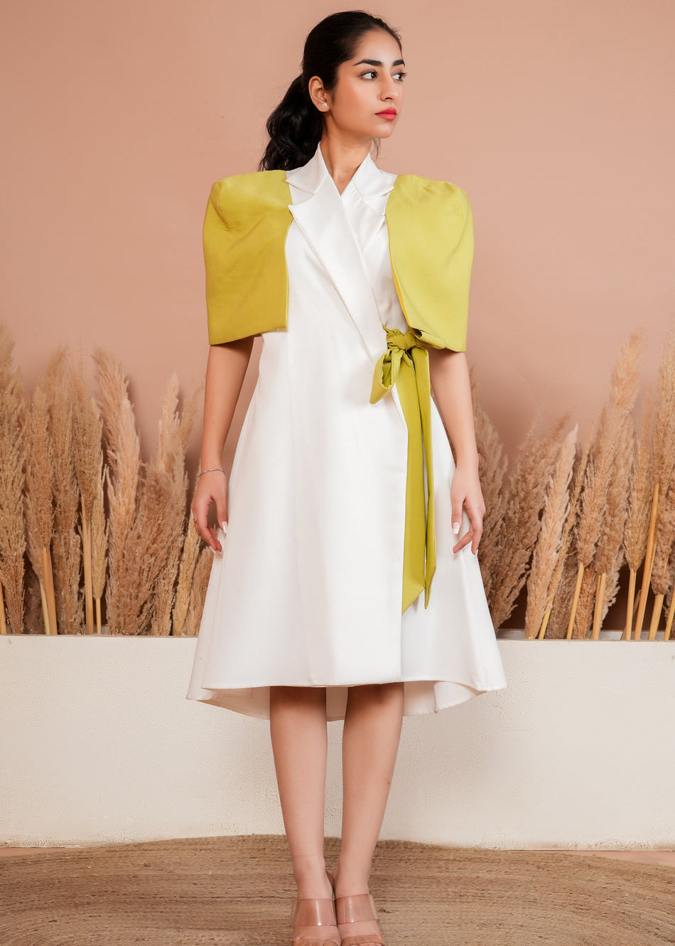 Green white wrap around dress