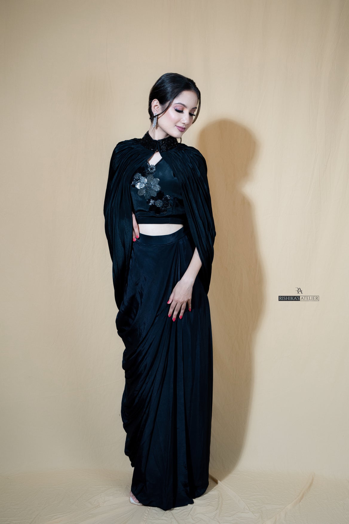 Black indo western Rangrez cape with skirt set