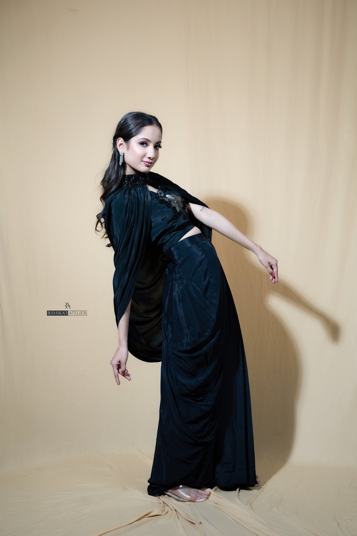 Black indo western Rangrez cape with skirt set