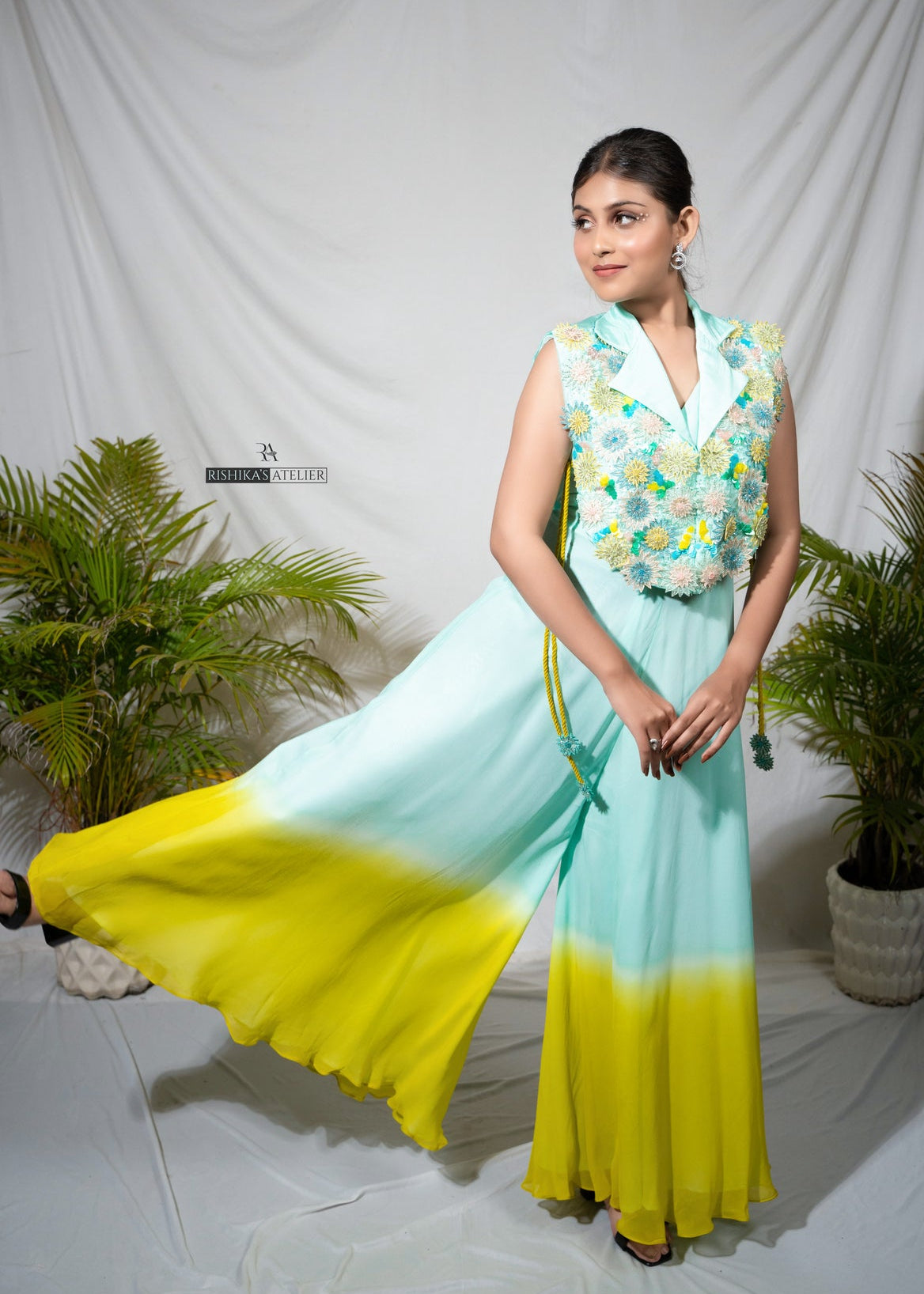 Lemon yellow ombre jumpsuit with jacket set