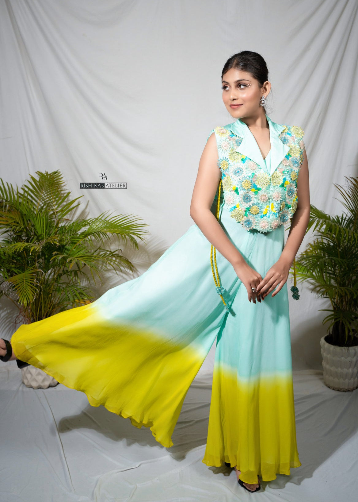 Lemon yellow ombre jumpsuit with jacket set