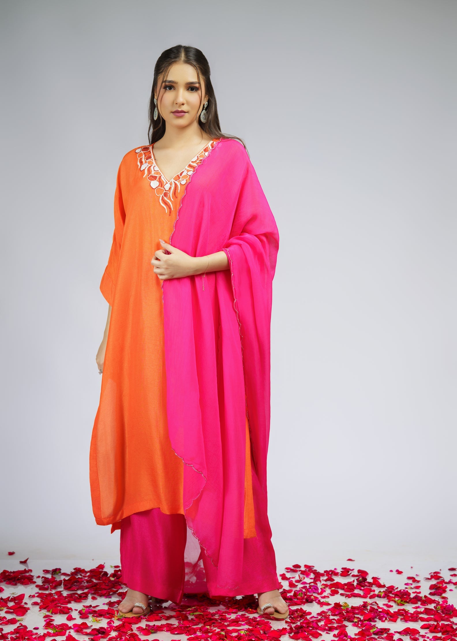Orange embroidered straight kurta set