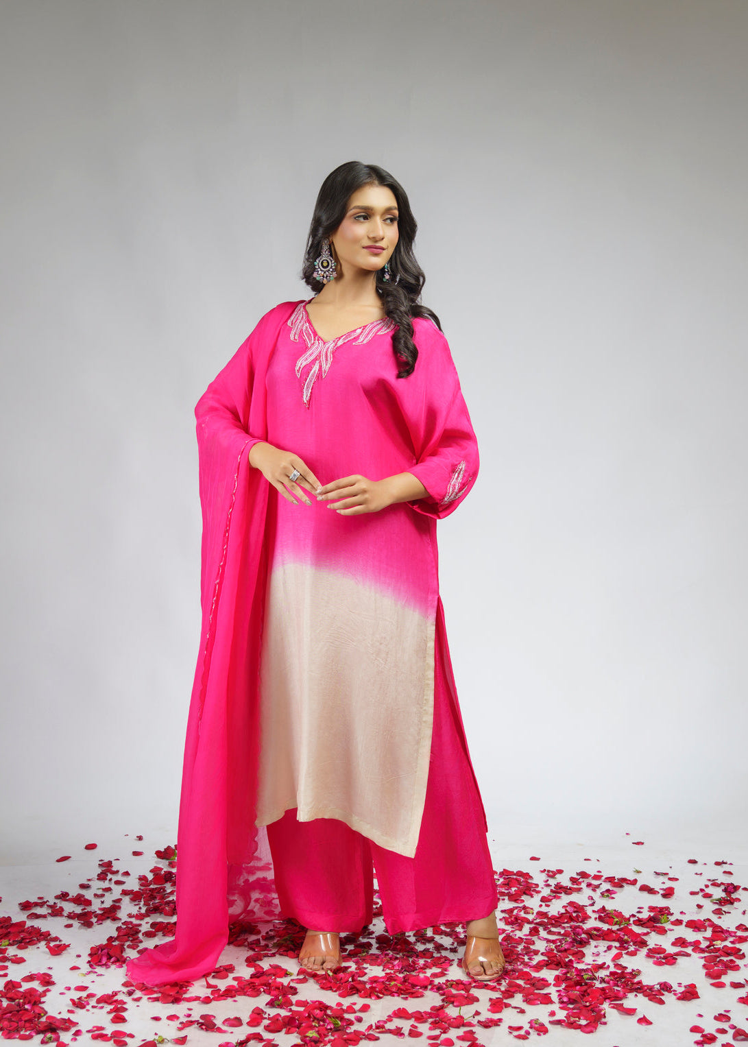 Pink Ombre embroidered straight kurta set