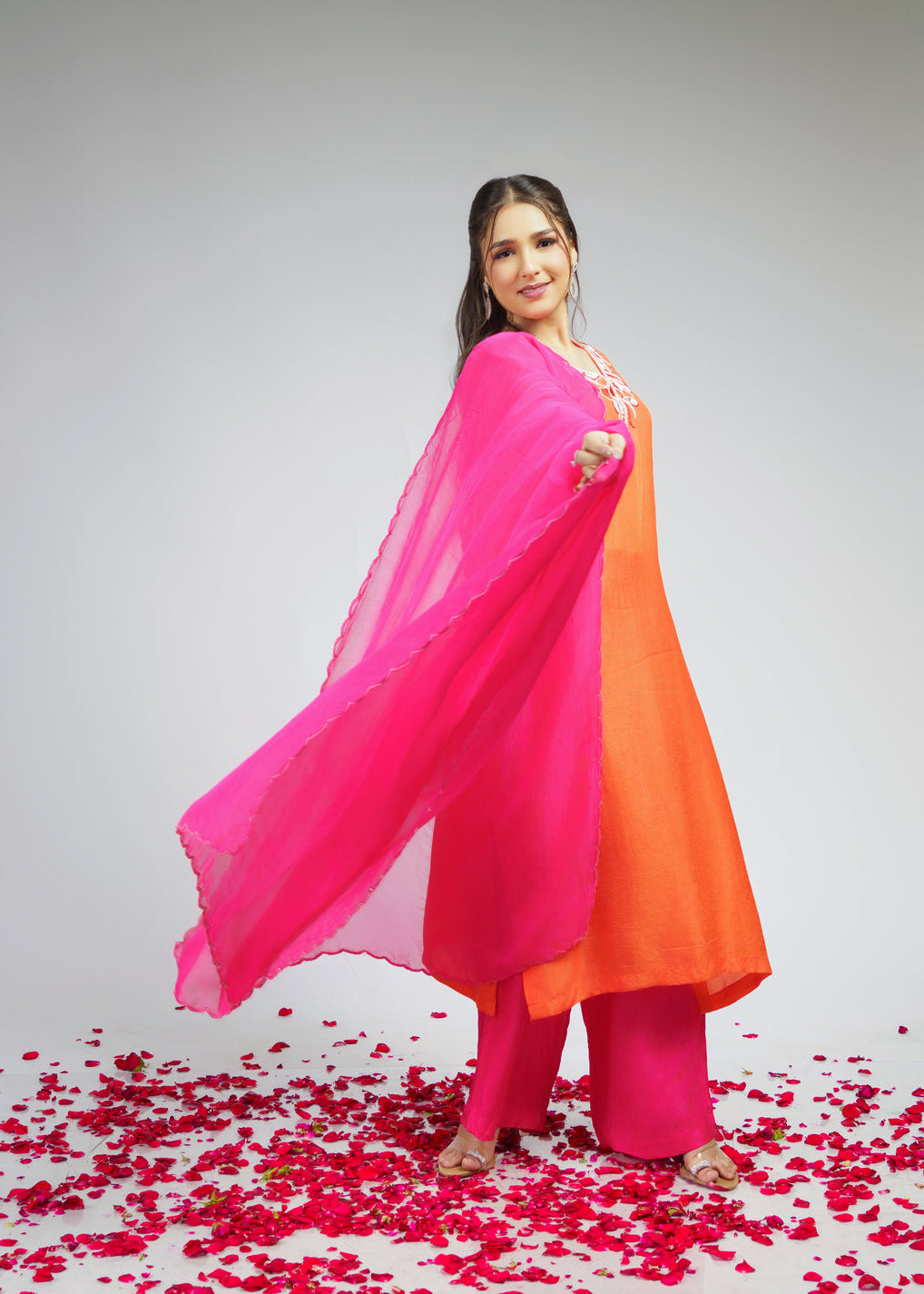 Orange embroidered straight kurta set