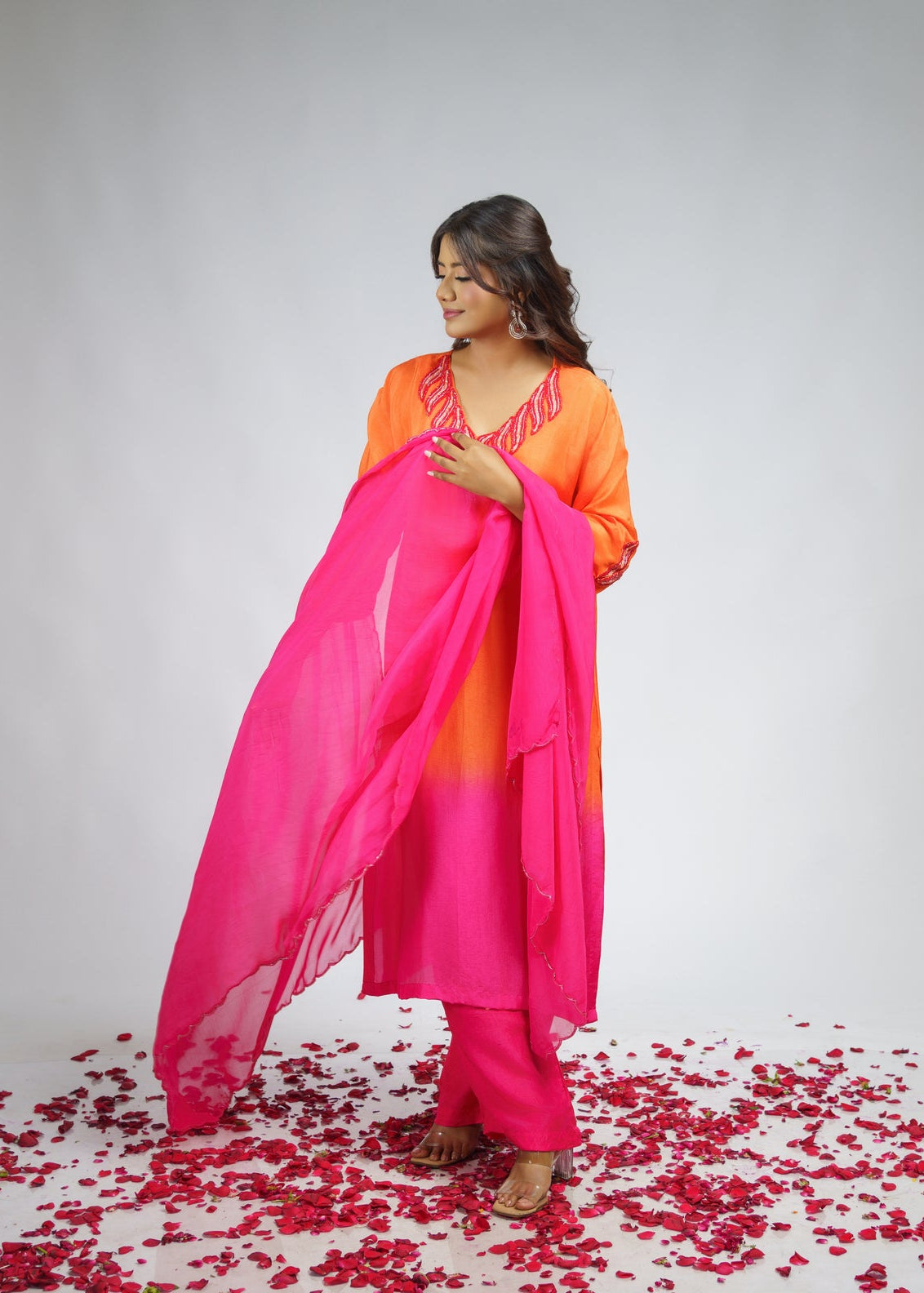 Pink orange Ombre embroidered straight kurta set