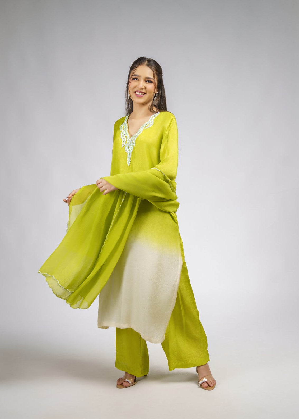 Light green Ombre embroidered straight kurta set