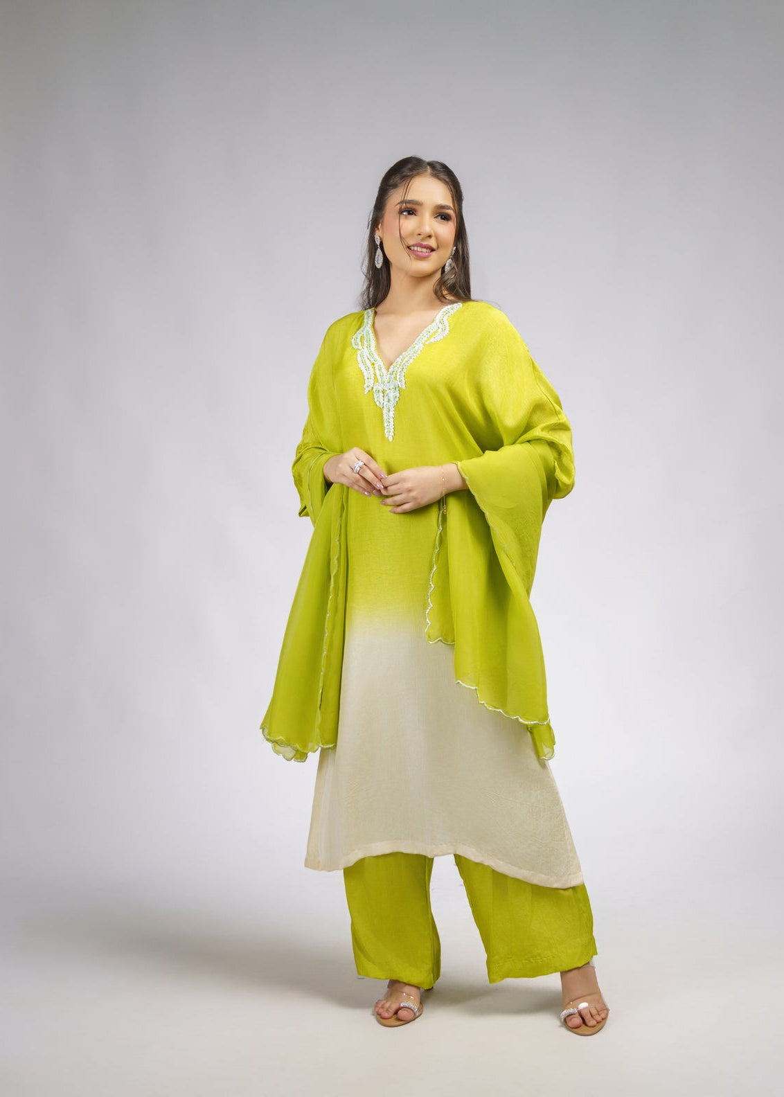 Light green Ombre embroidered straight kurta set