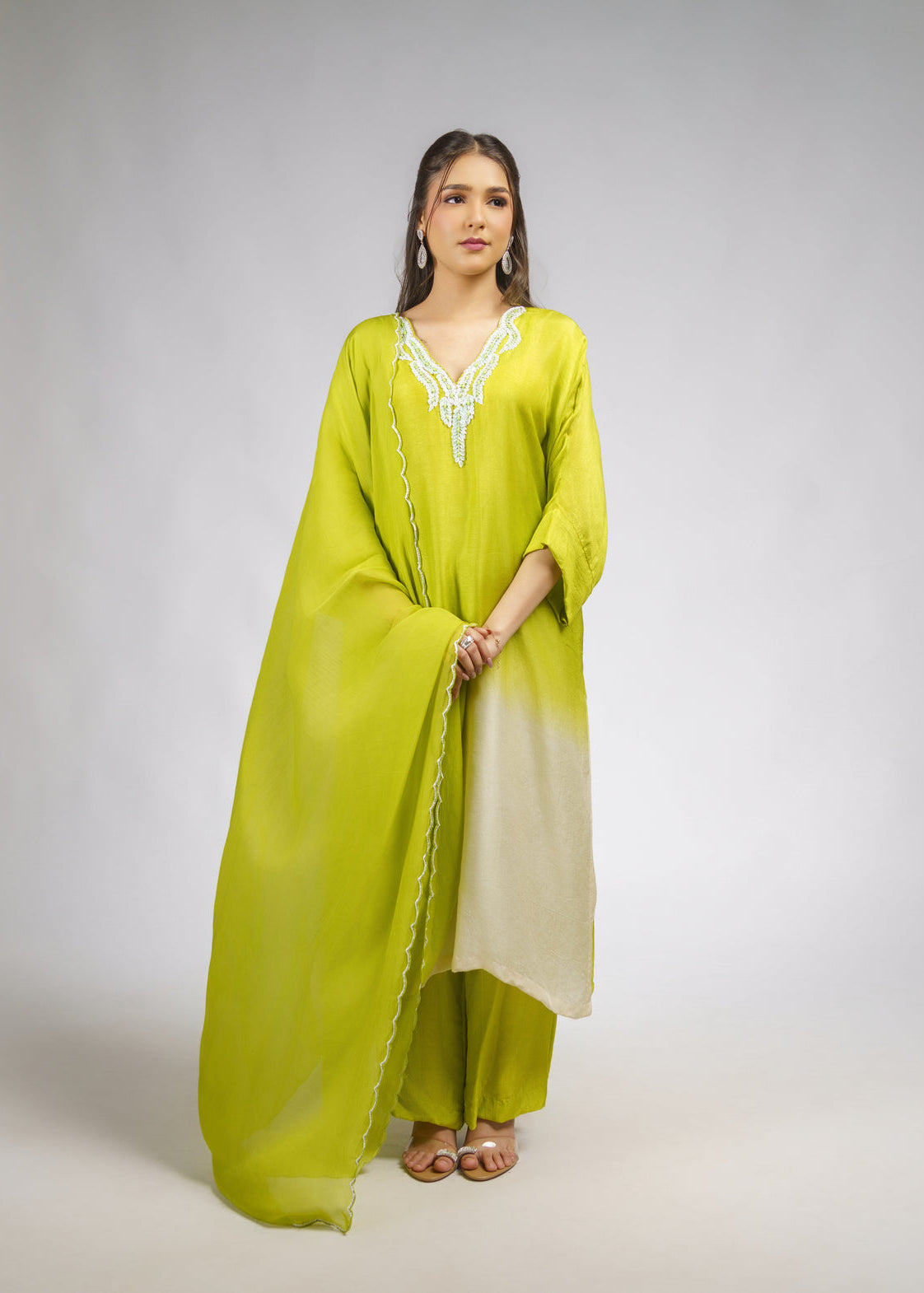 Light green Ombre embroidered straight kurta set