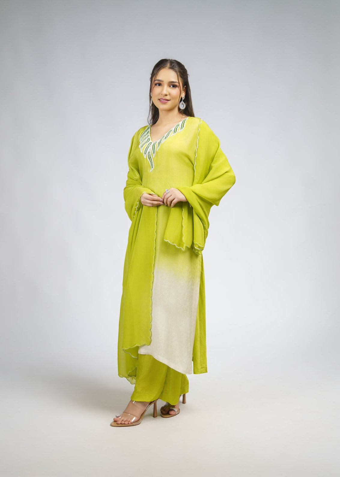 Light green Ombre embroidered straight kurta set