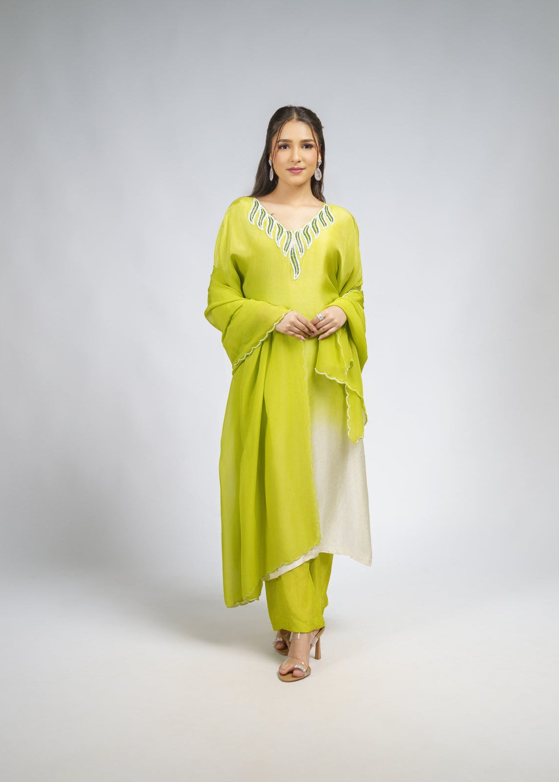Light green Ombre embroidered straight kurta set