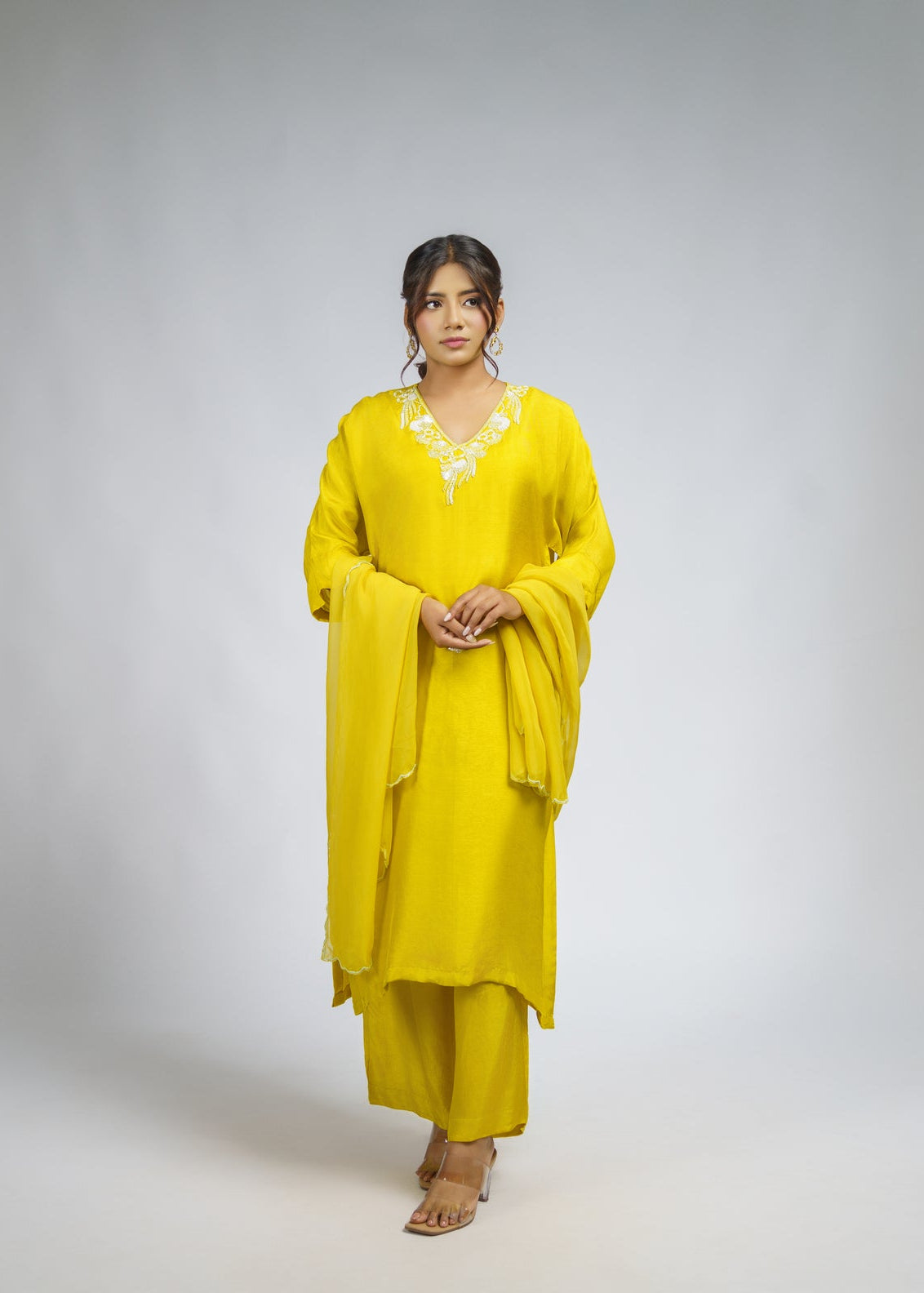 Lemon yellow embroidered straight kurta set