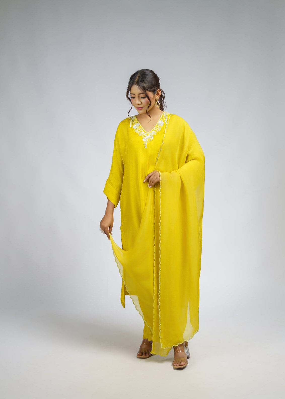 Lemon yellow embroidered straight kurta set