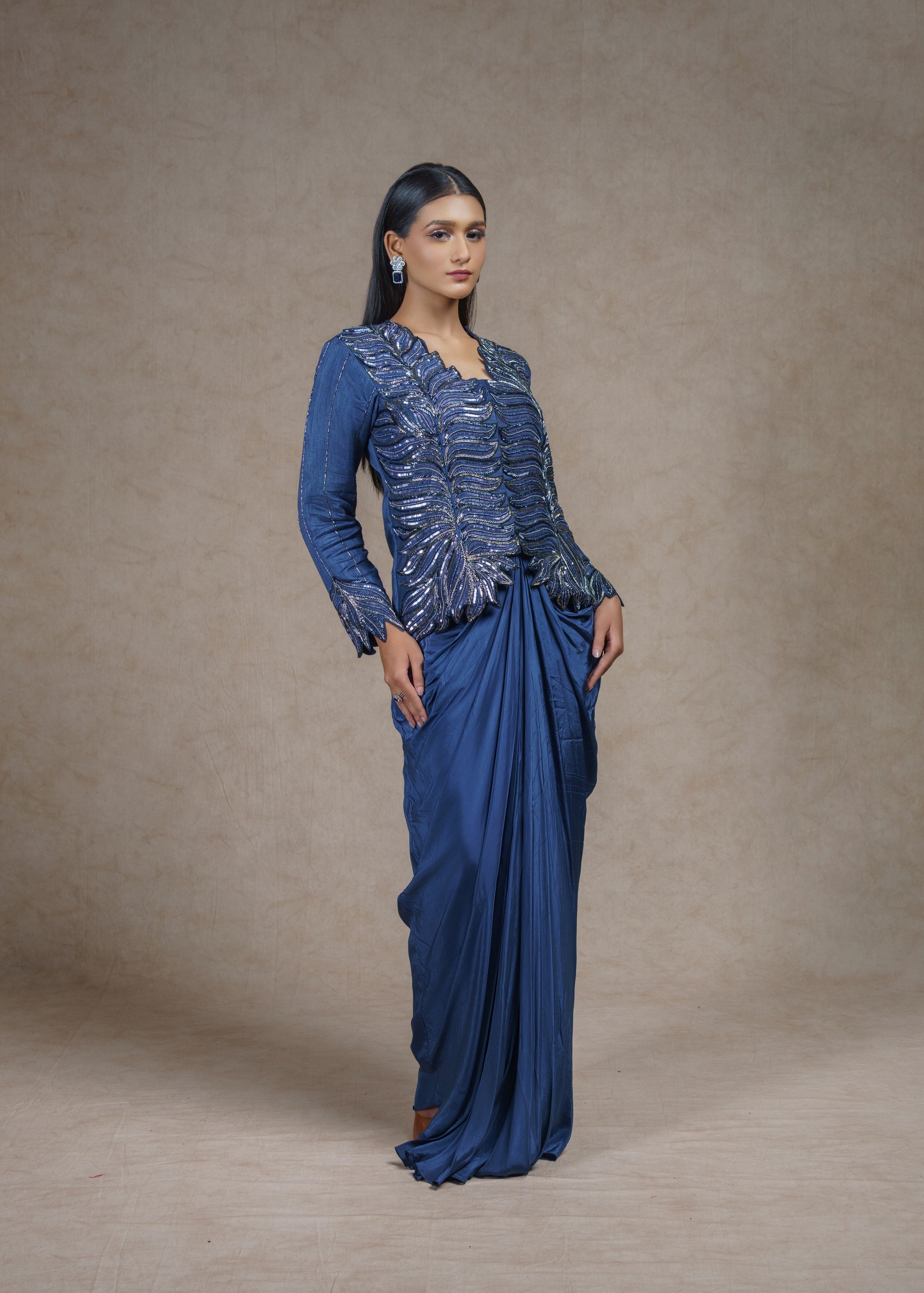 Stardust embroidered full sleeve jacket with drape skirt set