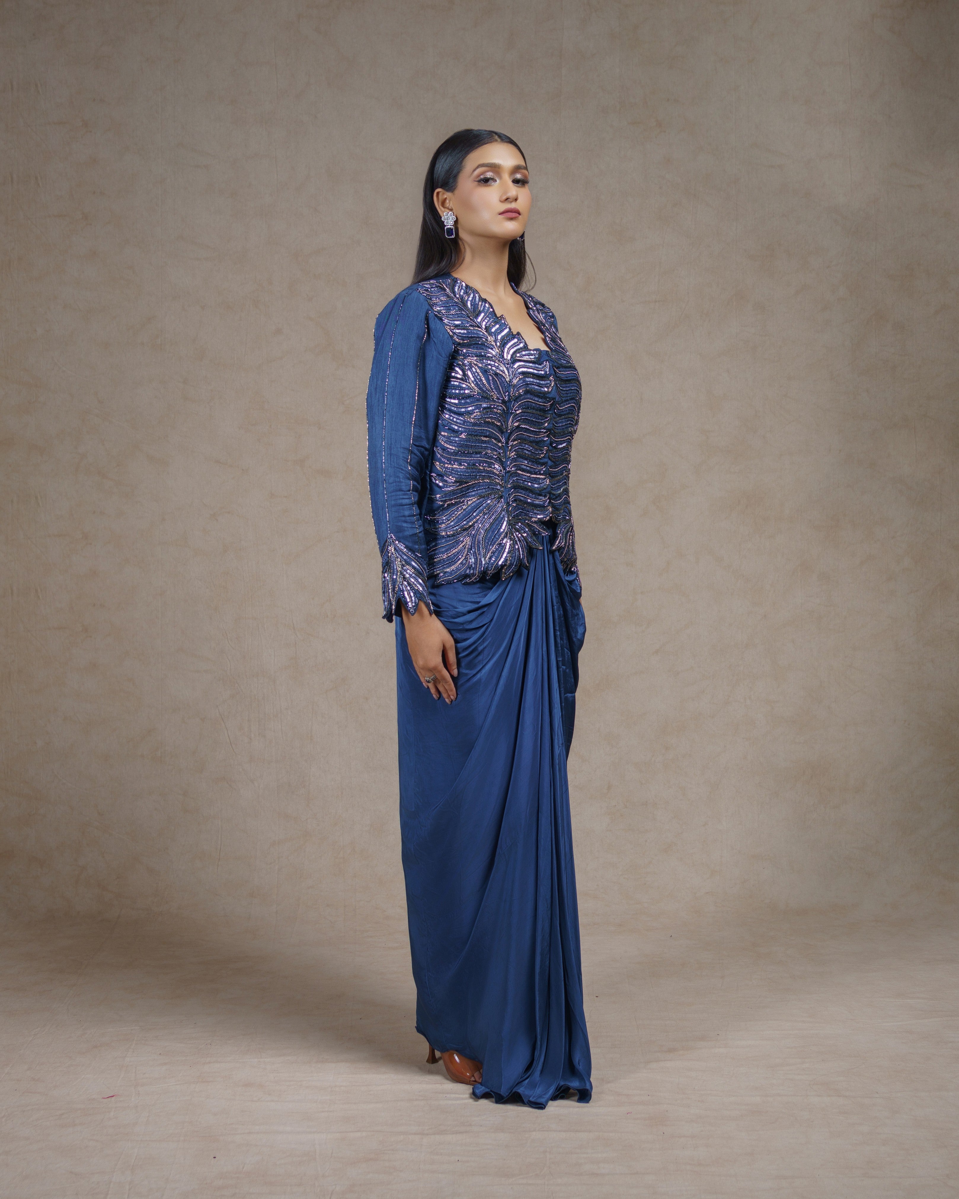 Royal Blue Draped Couture Ensemble