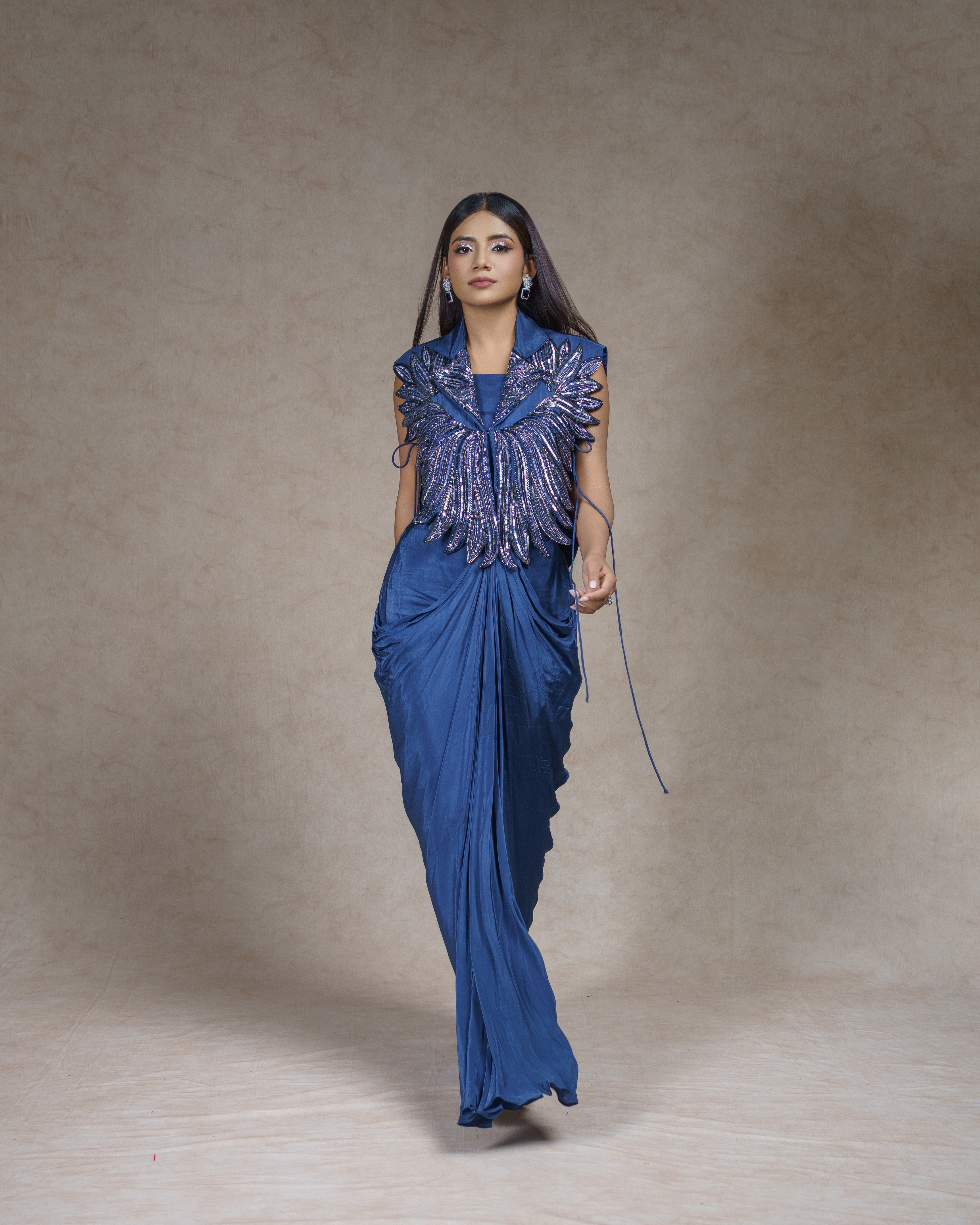 Royal Blue Draped Couture Ensemble