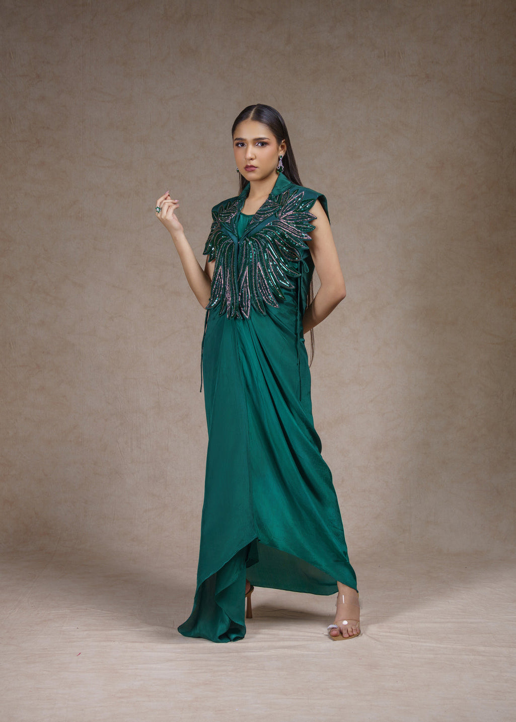 Embroidered jacket with drape dress set